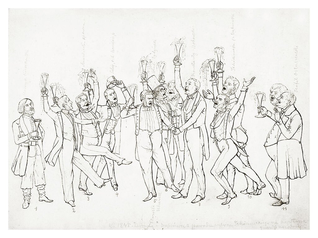 Ilustracja przedstawia grupę mężczyzn tańczących i trzymających w górze kieliszki. Mężczyźni mają otwarte usta. Ubrani są we fraki.