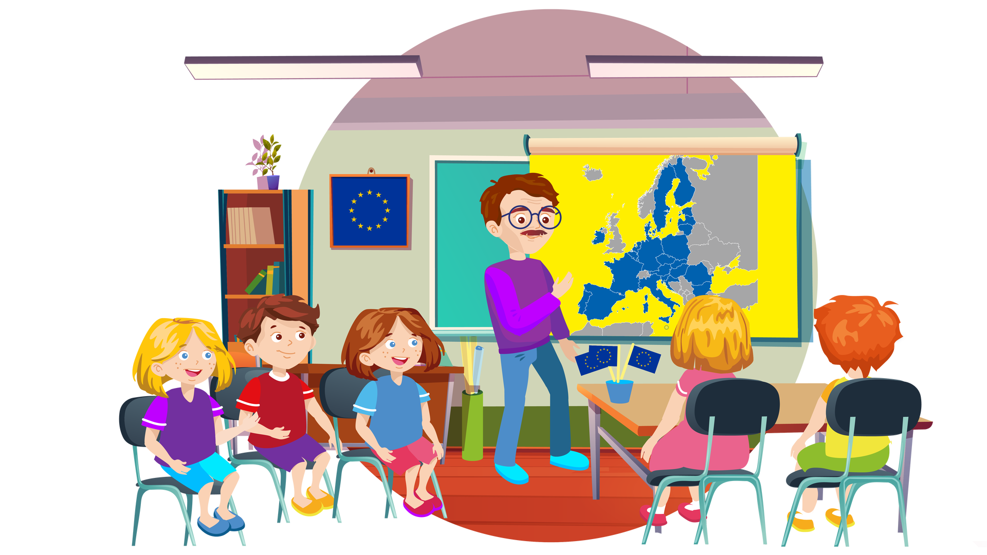 Ilustracja przedstawia klasę szkolną. W tle widać bladozieloną ścianę, na której po lewej stronie wisi obrazek w brązowej ramce, przedstawiający flagę Unii Europejskiej, czyli 12 złotych gwiazdek tworzących koło na granatowym tle. Dalej na prawo stoi pod ścianą brązowy regał, na którego półkach stoi kilka książek. Na samej górze regału widać zieloną roślinę w fioletowej donicy. Na suficie wiszą dwie podłużne lampy. Po prawej stronie wisi na ścianie duża zielona tablica, która jest przykryta rozwiniętym ekranem. Na ekranie wyświetla się mapa Europy. Wody zaznaczono kolorem żółtym, państwa należące do Unii Europejskiej kolorem niebieskim, a pozostałe państwa kolorem szarym. Przed ekranem stoi nauczyciel. Ma brązowe włosy i jest ubrany w fioletowy sweter z długimi rękawami, długie ciemnoniebieskie spodnie i błękitne buty. Na nosie ma okulary w okrągłych granatowych oprawkach. Prawą dłonią wskazuje mapę Europy. Za nauczycielem, po lewej stronie, stoją brązowe biurko i trzy rulony kolorowego papieru w jasnozielonej tubie – dwa jasnożółte i jeden jasnoniebieski. Na pierwszym planie, po lewej stronie, stoją trzy ciemnoszare krzesła. Na pierwszym krześle od lewej strony siedzi blondwłosa dziewczynka ubrana w ciemnofioletową koszulkę z krótkimi fioletowymi rękawami, krótkie błękitne spodnie i ciemnoniebieskie buty. Na drugim krześle siedzi chłopiec o ciemnobrązowych włosach. Jest ubrany w ciemnoczerwoną koszulkę z krótkimi czerwonymi rękawami, krótkie ciemnofioletowe spodnie i pomarańczowe buty z żółtymi podeszwami. Na trzecim krześle siedzi Maja. Jest ubrana w niebieską koszulkę z krótkimi błękitnymi rękawami, krótkie ciemnoróżowe spodnie i ciemnoróżowe buty z fioletowymi podeszwami. Po prawej stronie stoi brązowa ławka, na której znajdują się trzy miniaturowe flagi Unii Europejskiej w niebieskim kubku. Przy ławce stoją dwa ciemnoszare krzesła, na których siedzi dwoje dzieci. Na pierwszym krześle od lewej strony siedzi tyłem blondwłosa dziewczynka ubrana w krótką różową sukienkę z krótkimi rękawami, białe skarpety i ciemnoróżowe buty. Na drugim krześle siedzi Franek. Jest ubrany w żółtą koszulkę z krótkimi pomarańczowymi rękawami, krótkie jasnozielone spodnie, białe skarpety i pomarańczowe buty z żółtymi podeszwami. Wszystkie dzieci patrzą na mapę Europy.