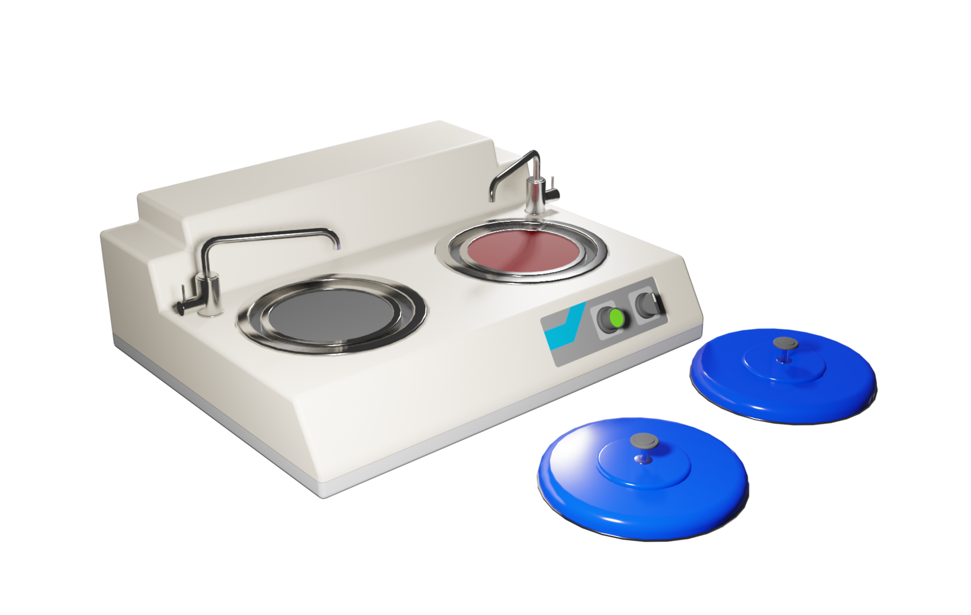 Ilustracja przedstawia szlifierkę metalurgiczną ręczną. Ma ona kształt niskiego i szerokiego graniastosłupa z dwoma przyciskami na przedniej ściance. Na górnej podstawie znajdują się dwie okrągłe płyty, czarna i czerwona. Nad płytami umieszczone są małe kraniki. Przed szlifierką leżą dwie okrągłe niebieskie pokrywki.