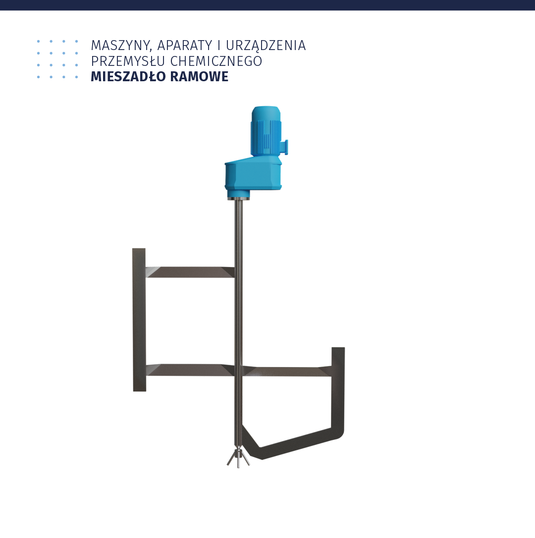 Ilustracja jest zatytułowana: Maszyny, aparaty i urządzenia przemysłu chemicznego. Mieszadło ramowe. Ilustracja przedstawia pionowy wałek, na którym zamontowany jest element mieszadła przypominający prostokątną ramkę.