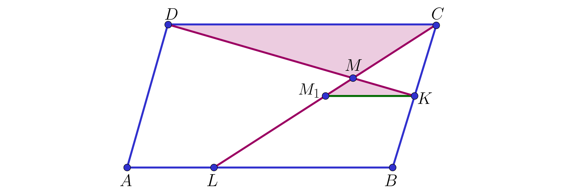 Na ilustracji przedstawiono równoległobok ABCD, o podstawie dolnej AB i górnej CD. Na boku BC zaznaczono punkt K, stanowiący jego środek. Na boku AB zaznaczono punkt L, taki że, odległość punktu L od wierzchołka B jest dwukrotnie większa od jego odległości od wierzchołka A. Połączono wierzchołek D z punktem K, oraz wierzchołek C z punktem L. Odcinki przecinają się w punkcie M. Na odcinku ML, zaznaczono punkt M1. Punkt M1 połączono z punktem K. Odcinek M1K jest równoległy do boku AB. Kolorem czerwonym zacieniowano pole trójkąta MCD i M1MK.