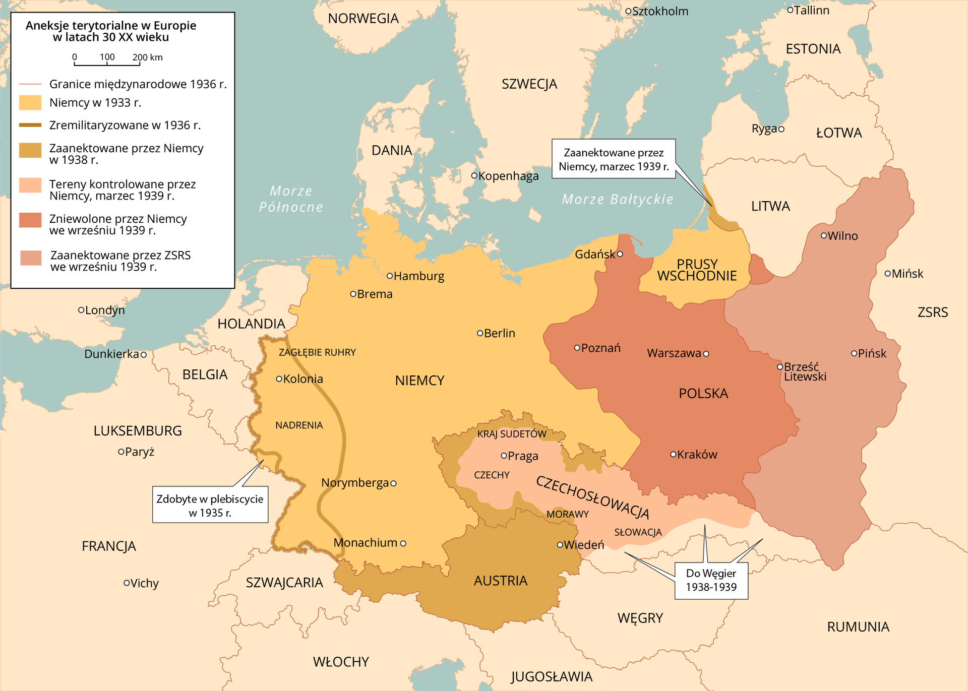 Mapa prezentuje aneksje terytorialne w Europie w latach 30 dwudziestego wieku. Niemcy w 1933 roku zajmowały obecny teren Niemiec, północno - zachodnią i południowo- zachodnią część Polski oraz Prusy Wschodnie na  północno - wschodniej granicy Polski z Litwą. Zaanektowane przez Niemcy w 1938 roku to tereny Austrii, niewielki teren między Prusami Wschodnimi oraz Litwą. Tereny kontrolowane przez Niemcy w marcu 1939 roku to Czechy i Słowacja. Zniewolona przez Niemcy we wrześniu 1939 roku została centralna oraz południowa Polska. Zaanektowana przez ZSRS we wrześniu 1939 roku została Białoruś i zachodnia część Ukrainy. Na mapie zaznaczono także niewielki pas we wschodniej Litwie na granicy z Prusami Wschodnimi, zaanektowany przez Niemcy w marcu 1939 roku. Obszar zdobyty natomiast w plebiscycie w 1935 roku, to niewielki skrawek pomiędzy Nadrenią a Francją. Do Węgier natomiast w latach 1938‑1939 należał wąski pas terenu na południowy wschód od Wiednia. 
