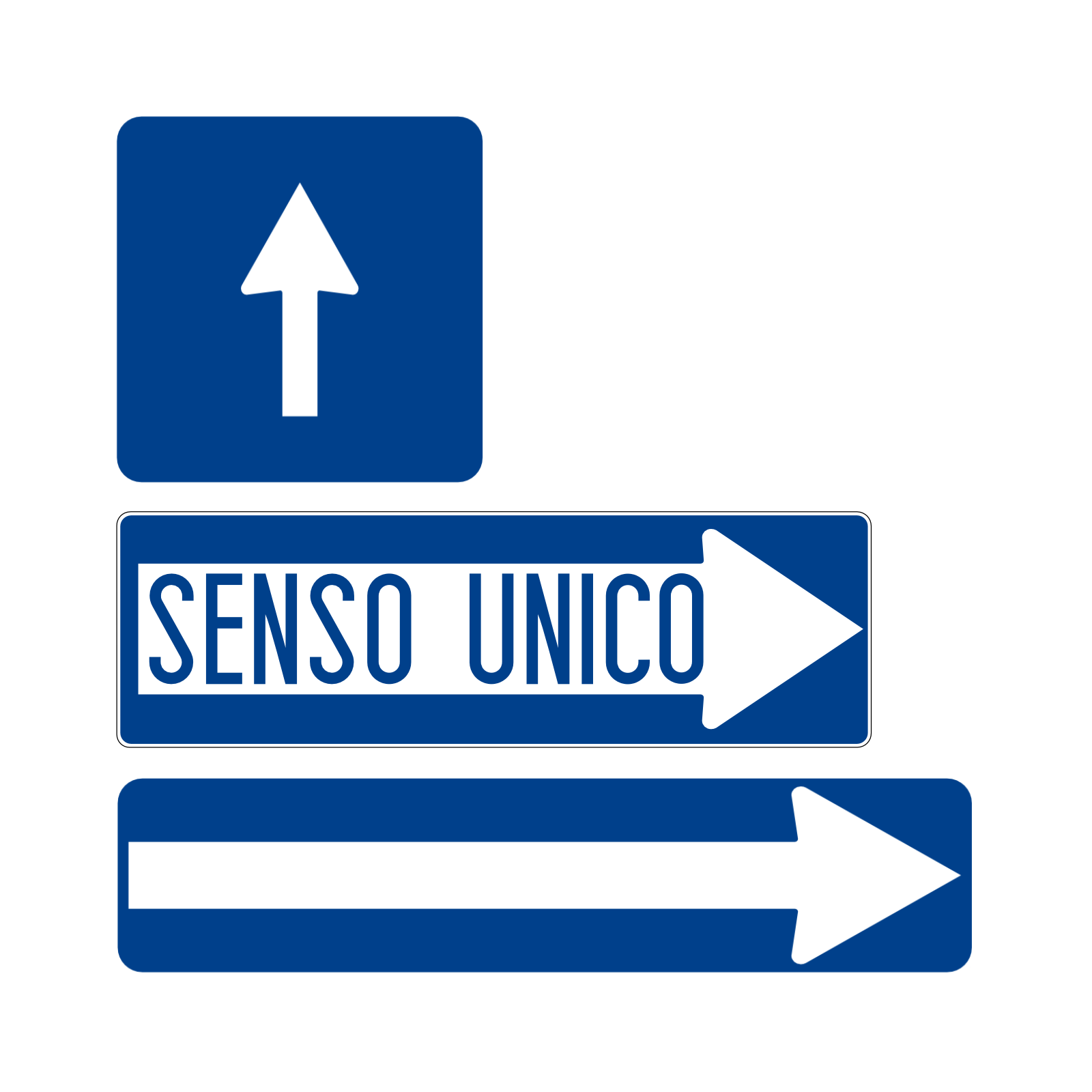 Ilustracja przedstawia znaki drogowe informujące o drodze jednokierunkowej. Pierwszy znak jest kwadratem ze strzałką z dołu do góry. Drugi znak jest prostokątem z grubą strzałką od lewej do prawej. Na strzałce znajduje się napis: "senso unico" Trzeci znak jest prostokątem ze strzałką od lewej do prawej.