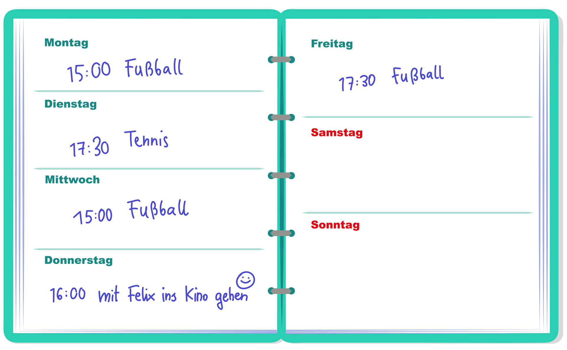 Ilustracja przedstawia otwarty kalendarz książkowy z dniami tygodnia. Przy Montag znajduje się notatka 15:00 Fußball.
Przy Dienstag znajduje się notatka 17:30 Tennis.
Przy Mittwoch znajduje się notatka 15:00 Fußball.
Przy Donnerstag znajduje się notatka 16:00 mit Felix ins Kino gehen.
Przy Freitag znajduje się notatka 17:30 Fußball.
Przy dniach Samstag i Sonntag nie ma żadnych notatek.