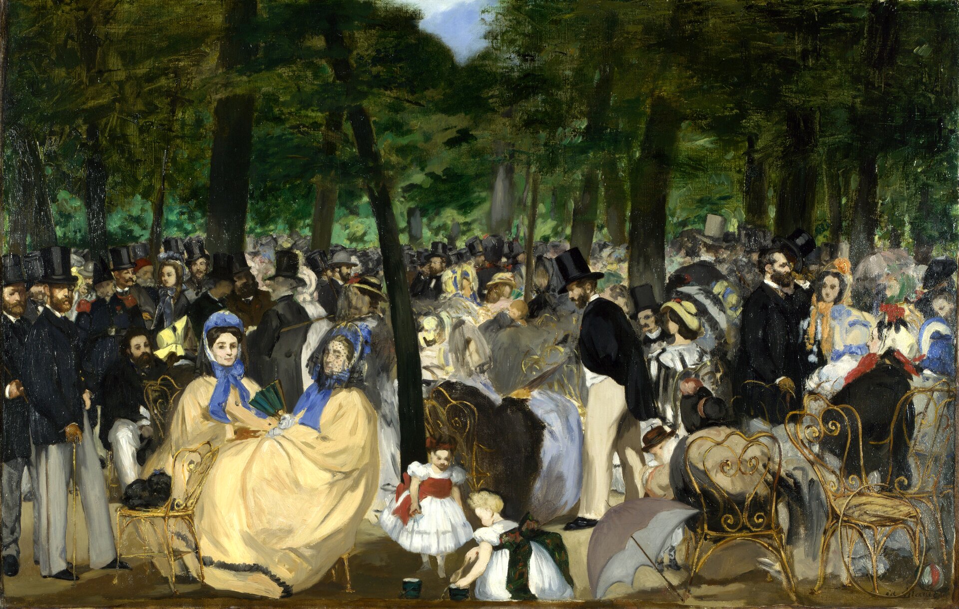 Ilustracja o kształcie poziomego prostokąta przedstawia obraz Édouarda Maneta „Koncert w ogrodzie Tuileries”. Ukazuje tłum postaci podczas koncertu. Na pierwszym planie znajdują się różne przedmioty: porzucona parasolka, puste krzesła. Z lewej strony na krzesłach siedzą dwie kobiety w długich, kremowych sukniach i niebieskich czepkach. Obok nich bawią się dzieci. Mężczyźni z tłumu ubrani są w czarne marynarki i jasne spodnie Na głowach mają założone cylindry. W tle widoczne są drzewa, przez które przebija błękitne niebo.