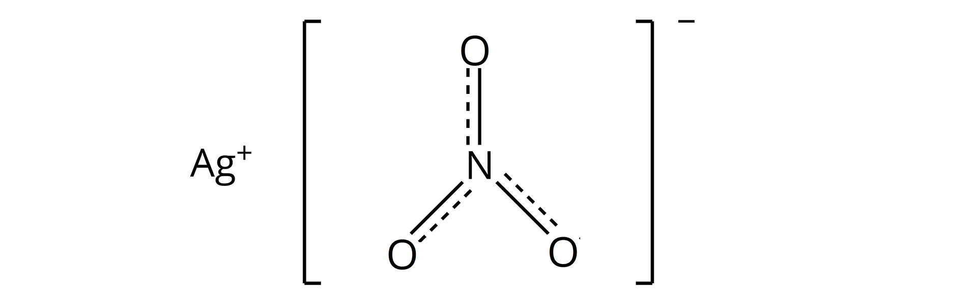 Na ilustracji przedstawiono wzór azotanu(V) srebra. Jednododatni kation srebra, nawias kwadratowy,  w nawiasie azot i przyłączone trzy tleny za pomocą wiązań podwójnych. Ładunek anionu minus jeden.