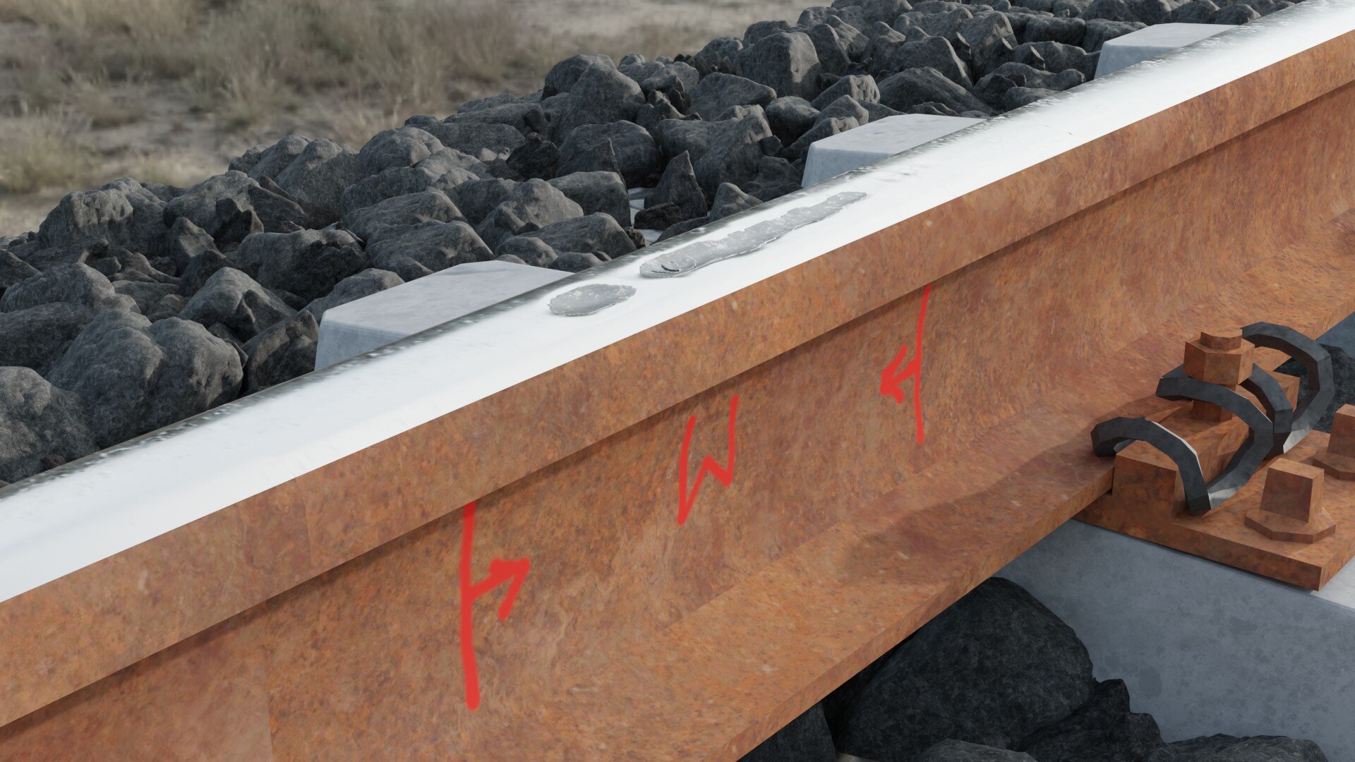 Ilustracja przedstawia szynę. Na ścianie bocznej szyby widnieje grafika są to dwie linie pionowe z strzałkami do środka. Strzałki znajdują się na środku lin pionowych. Między liniami pionowymi znajduję się litera W nad literą w widoczne jest złuszczenie powierzchni tocznej szyny.