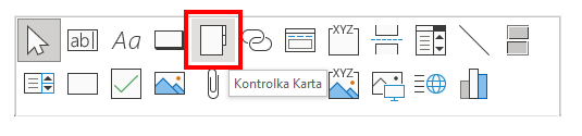 Zrzut ekranu przedstawia blok zawierający etykiety formularza.  Czerwonym prostokątem zaznaczono ikonę w kształcie folderu.  Po najechaniu na nią kursorem pojawił się blok z wpisem: Kontrolka Karta. 