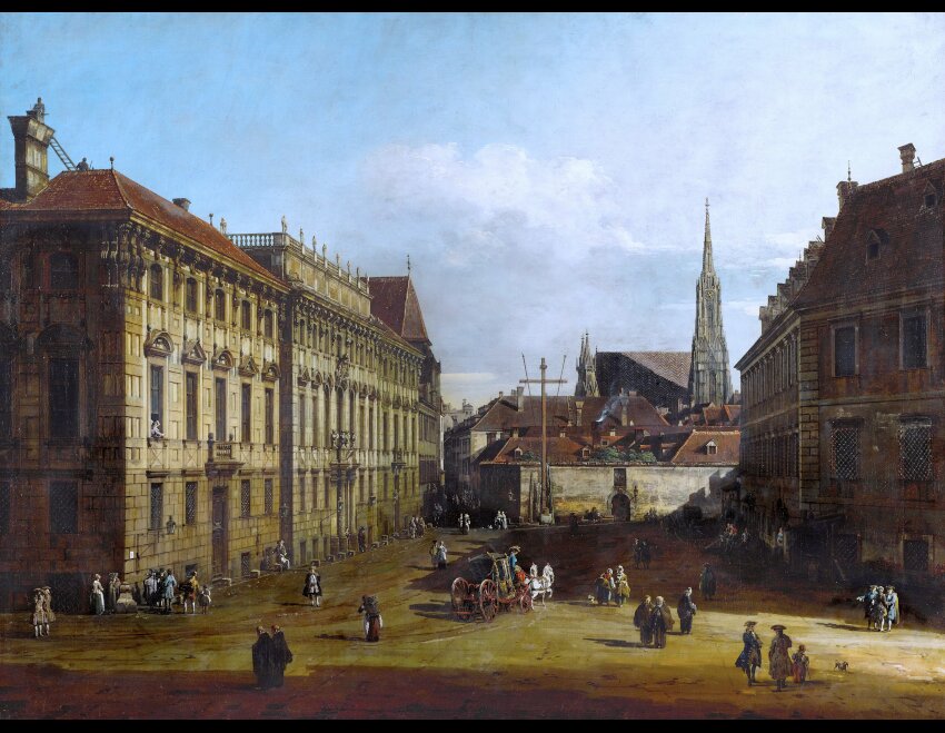 Obraz przedstawia plac w Wiedniu. Spacerują po nim ludzie, poruszają się nim również dorożki. W tle widać strzelistą wieżę. 