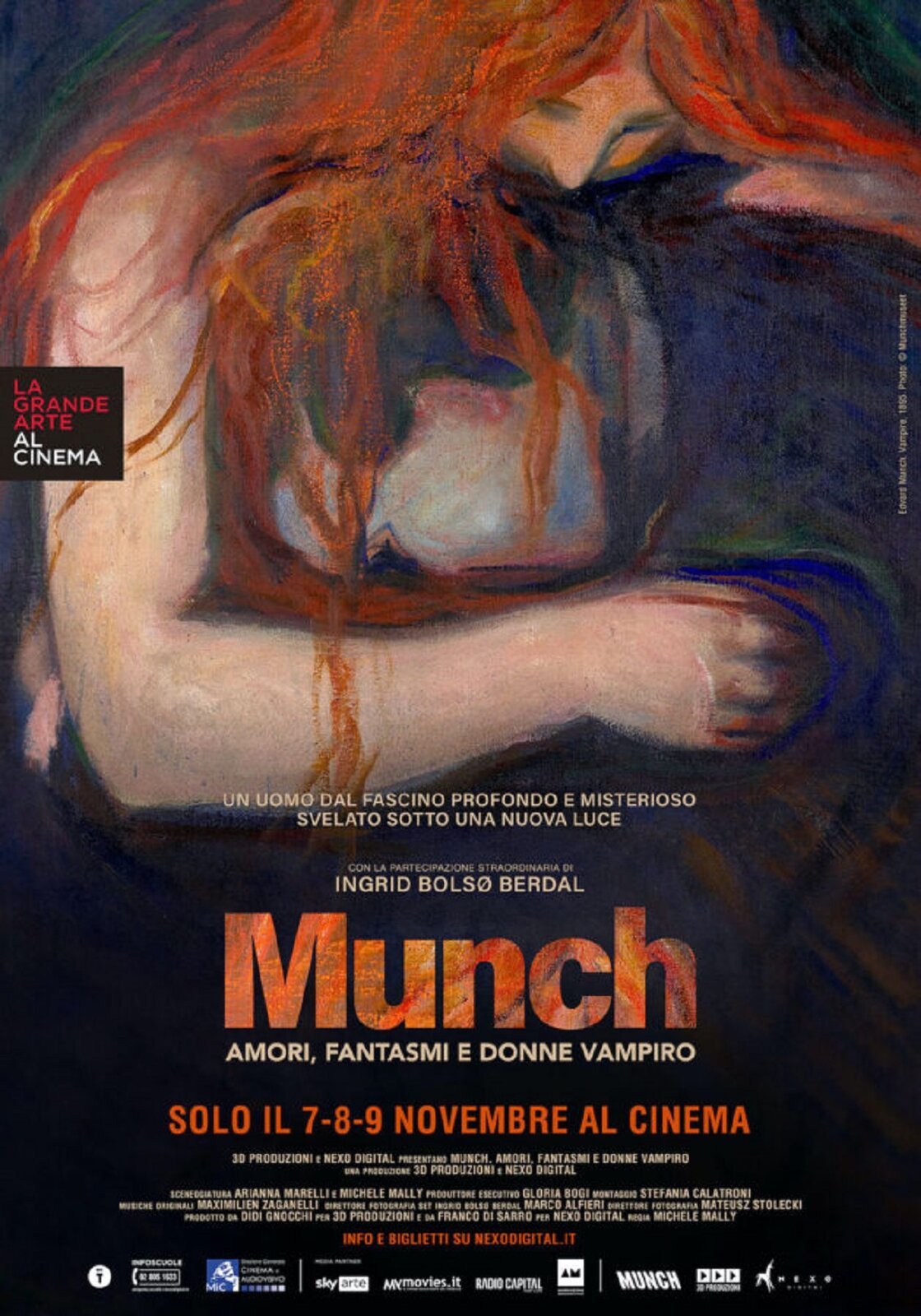 Ilustracja przedstawia plakat promujący film pod tytułem: „Munch: miłość, duchy, wampirzyce” w reżyserii Michele Mally. Na grafice kucająca młoda rudowłosa kobieta, ubrana w białą bluzkę i niebieskie spodnie. Na plakacie umieszczono napisy w języku włoskim oraz norweskim (nazwiska).
