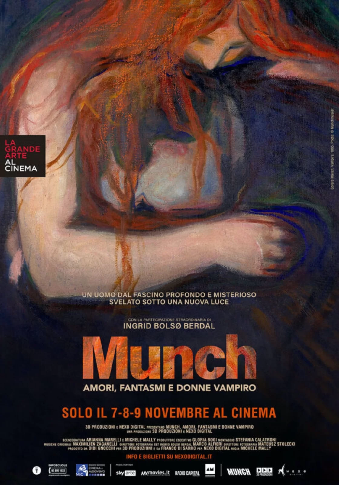 Ilustracja przedstawia plakat promujący film pod tytułem: „Munch: miłość, duchy, wampirzyce” w reżyserii Michele Mally. Na grafice kucająca młoda rudowłosa kobieta, ubrana w białą bluzkę i niebieskie spodnie. Na plakacie umieszczono napisy w języku włoskim oraz norweskim (nazwiska).