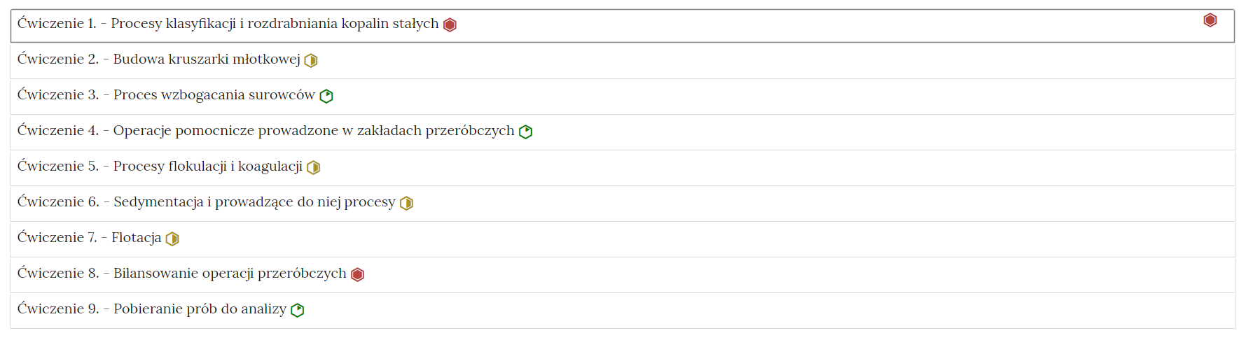Na zdjęciu pokazano przykładowy wygląd zakładek z ćwiczeniami. W każdej zakładce znajduje się obszar z numerem ćwiczenia, jego tytułem oraz oznaczeniem poziomu trudności. Przykładowo pierwsze dwa ćwiczenia. Ćwiczenie jeden. Zastosowanie kruszarki szczękowej, czerwony heksagon z czerwonym wypełnieniem, który symbolizuje najwyższy poziom trudności. Ćwiczenie dwa, budowa kruszarki młotkowej, żółty sześciokąt z połowicznym  żółtym wypełnieniem, który symbolizuje średni poziom trudności.Na widocznym zdjęciu znajduje się dziesięć zakładek z ćwiczeniami.