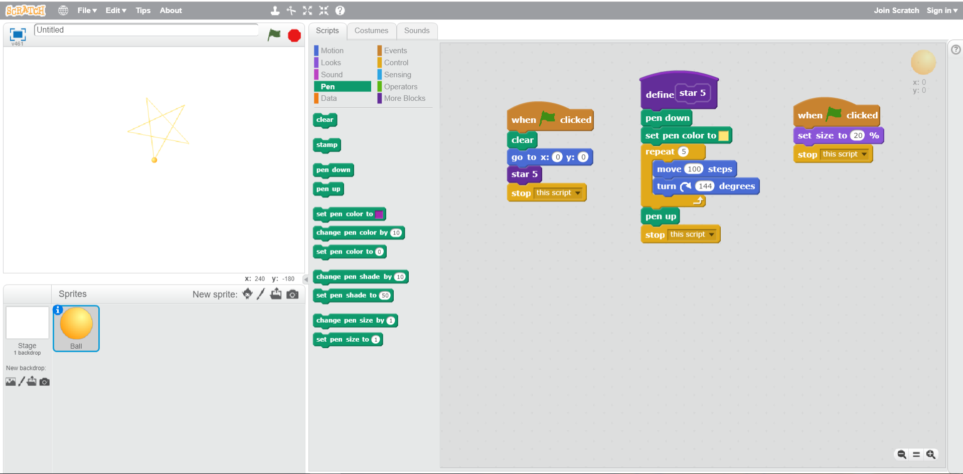 Na ilustracji przedstawiony jest zrzut ekranu, na którym widoczne są wszystkie okna programu Scratch. Na górze pasek menu z logo, ikoną umożliwiającą zmianę języka, File, Edit, Tips, About. Na środku paska ikony narzędzi: stempel, nożyce, pomniejszenie, powiększenie, pomoc. Poniżej po lewej okno podglądu. W nim na środku znajduje się pięcioramienna gwiazda, na jednym z jej wierzchołków duszek (mała piłka). Na górze okna po lewej ikona sceny, obok podpis Untitled, po prawej stronie ikona flaga oznaczająca play, ikona ośmiokąt oznaczająca stop. Na dole okna po prawej znaczniki położenia duszka na scenie x i y. Pod oknem podglądu znajduje się okno z ustawieniami. Po lewej stronie białe tło z okna podglądu Stage 1 backdrop. Poniżej New backdrop. Poniżej ikony nowe tło, edycja tła, pobranie tła z zewnętrznego pliku, podgląd tła. Na środku okna ustawień od góry napis Sprites, po prawej napis New sprite oraz ikony nowy duszek, edycja, pobranie z zewnętrznego pliku, podgląd. Poniżej zaznaczony obrazek piłki opisany Ball. Po prawej okno edycji zajmujące ponad połowę ekranu. Po lewej stronie okna edycji znajdują się zakładki Scripts (wyróżniona), Costumes, Sounds. Widoczne są działy w zakładce Scripts: Motion, Looks, Sound, zaznaczone Pen, Data, Events, Control, Sensing, Operators, More Blocks. Każdy dział wyróżniony jest innym kolorem. Poniżej bloczki do układania algorytmów w dziale Pen. Prawa strona okna edycji przedstawia skrypt zawierający algorytm rysowania gwiazdy pięcioramiennej oraz skrypty rozpoczynające rysowanie. Bloczki, od góry: when ‘play’ clicked; clear; go to x: 0, y: 0; star 5; stop this script. Obok bloczki, od góry: define star 5; pen down; set pen color to yellow; repeat 5; move 100 steps; turn 144 degrees; end repeat; pen up; stop this script. Obok bloczki, od góry: when ‘play’ clicked; set size to 20%; stop this script