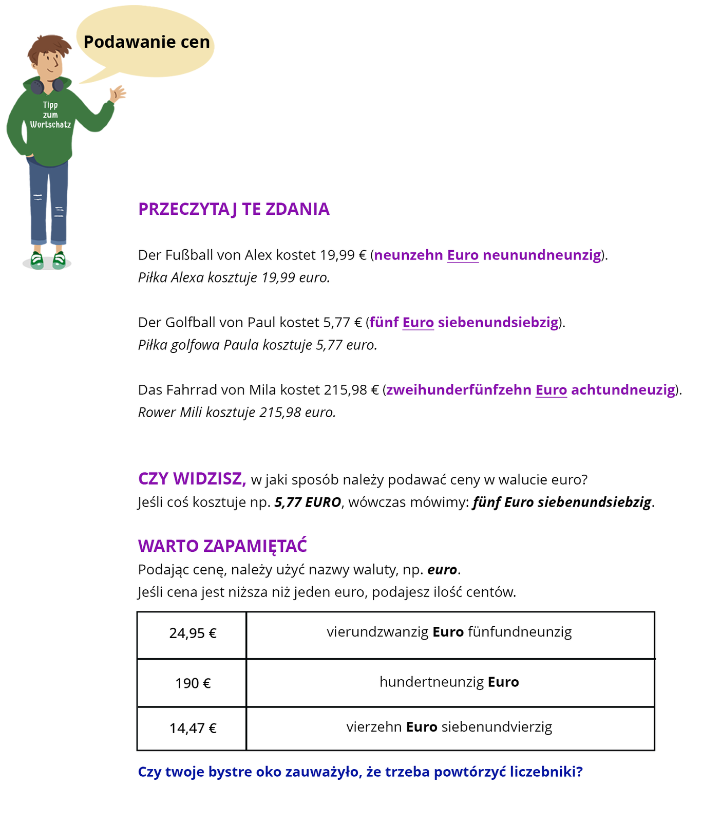 Ilustracja zawiera poradę językową.
Ilustracja przedstawia chłopca ubranego w t‑shirt z napisem Tipp zum Wortschatz i w spodnie. Obok widoczny jest dymek zawierający napis: Podawanie cen.
Pozostałą część grafiki stanowi tekst, którego treść wyświetla się w trybie dostępności.