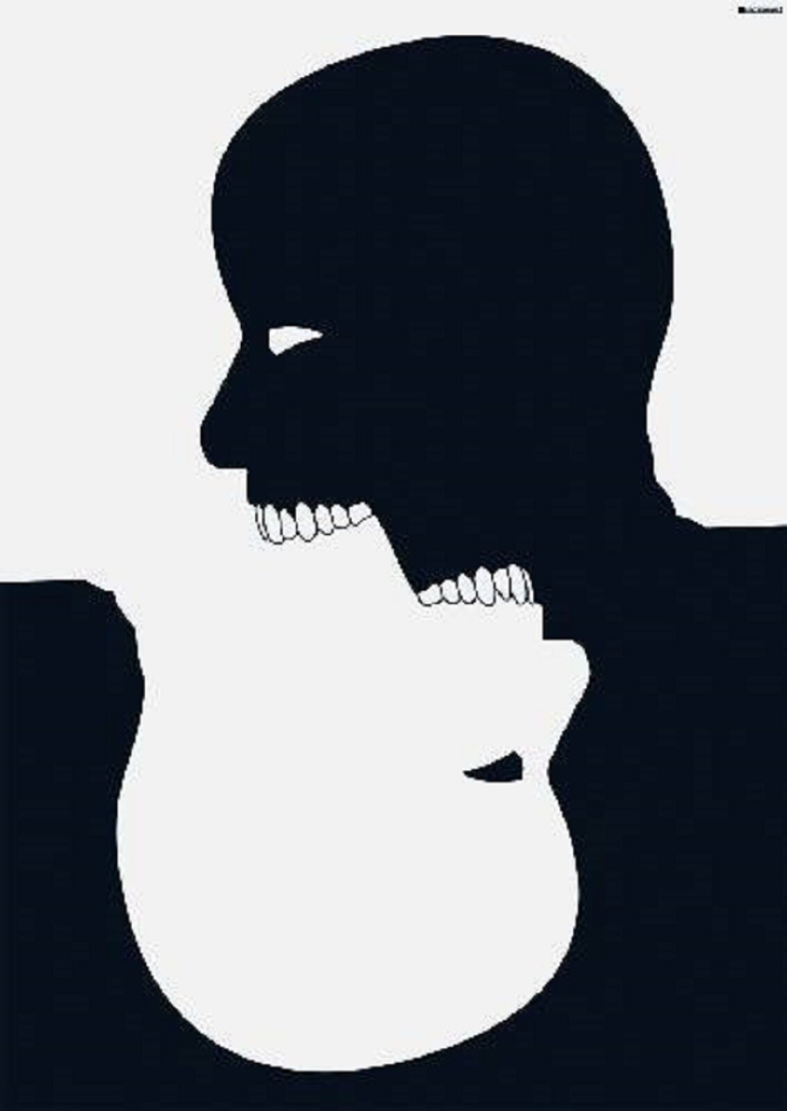 Czarno‑biała grafika ukazująca dwie głowy połączone ze sobą brodami. Czarna głowa bez włosów z zaznaczonym białym okiem i zębami wgryza się w identyczną białą głowę umieszczoną do góry nogami.