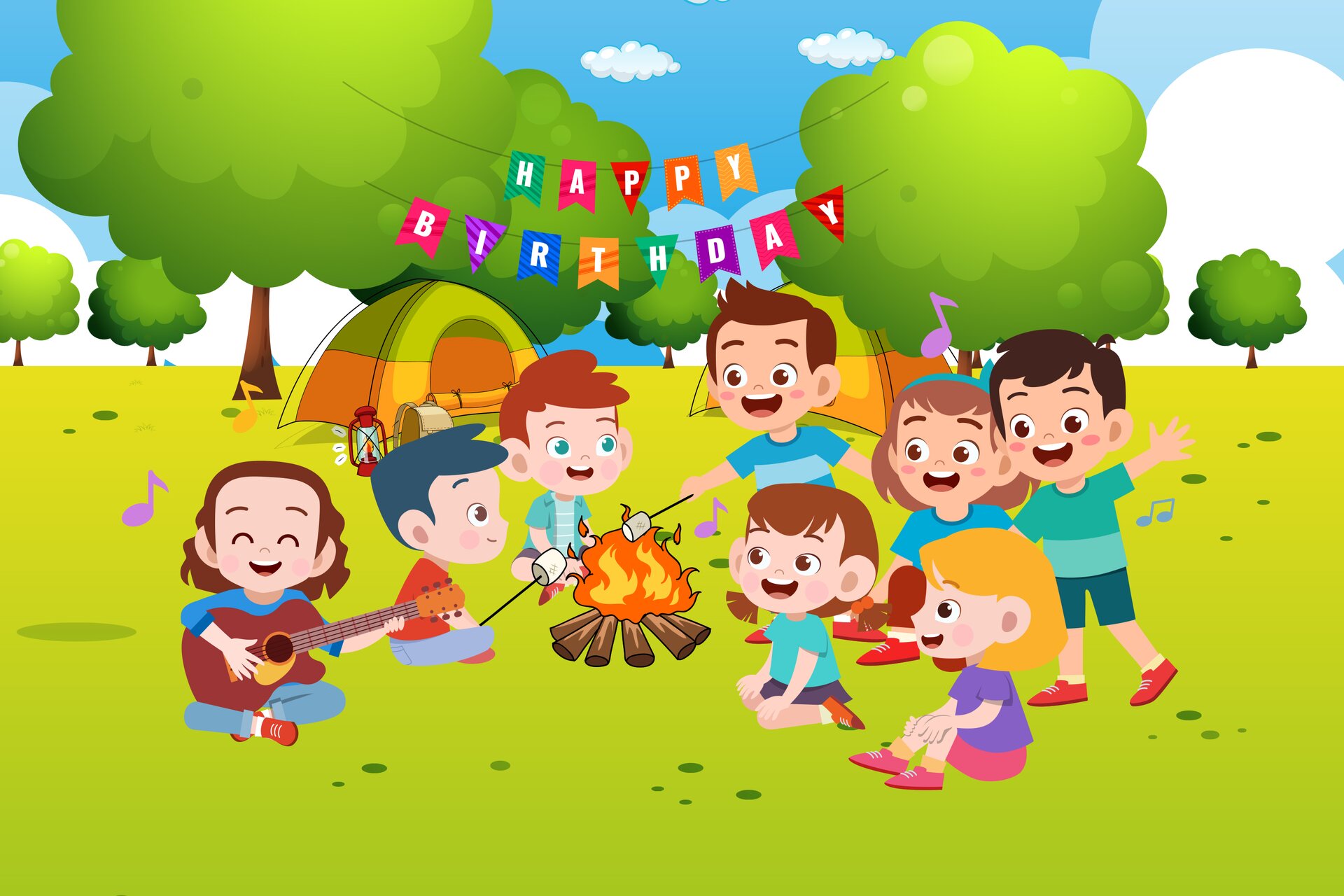 Ilustracja przedstawia dzieci siedzące wokoło ogniska. Jedno dziecko gra na gitarze. Dwoje innych piecze w ognisku pianki. Za nimi widoczny namiot oraz napis w języku angielskim : HAPPY BIRTHDAY. 