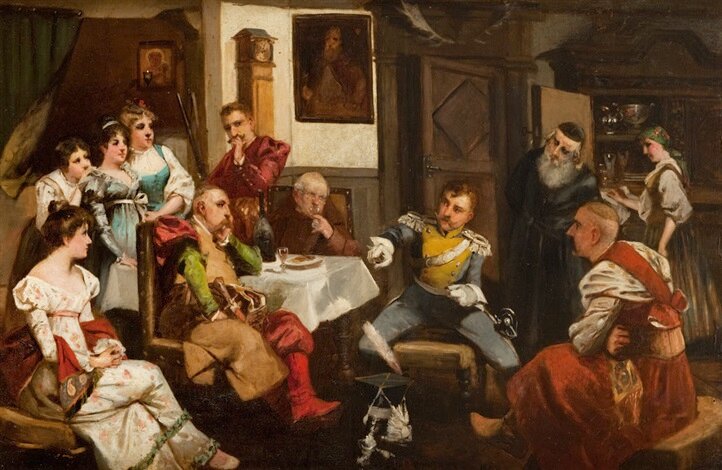 Obraz przedstawia wnętrze karczmy, w której zgromadzona jest grupa ludzi. Przy stole siedzi szlachcic w kontuszu, duchowny w habicie i żołnierz w mundurze. Rozmawiają, a rozmowie przysłuchują się kobiety i dwaj inni szlachcice w kontuszach oraz Żyd Jankiel i jego córka. Przy ścianie stoi zegar i drewniana komoda. Na ścianie wisi portret, poroże oraz wizerunek Matki Boskiej.