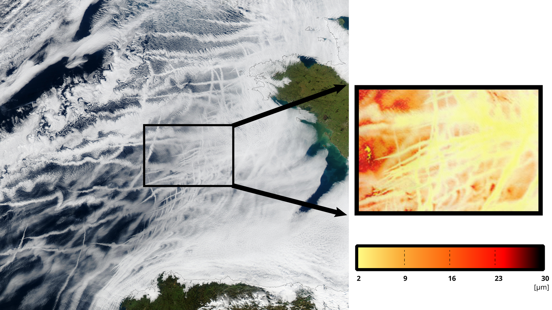 Zdjęcie satelitarne przedstawia dużą ilość nierównych, białych linii - smug przecinających się pod różnym kątem. Obok zdjęcia pokazano ilość promieniowania docierającą do powierzchni Ziemi. W miejscu dużego zagęszczenia smug promieniowanie wynosi około 2 mikrometrów. Tam, gdzie smug jest mniej, około 16 mikrometrów.