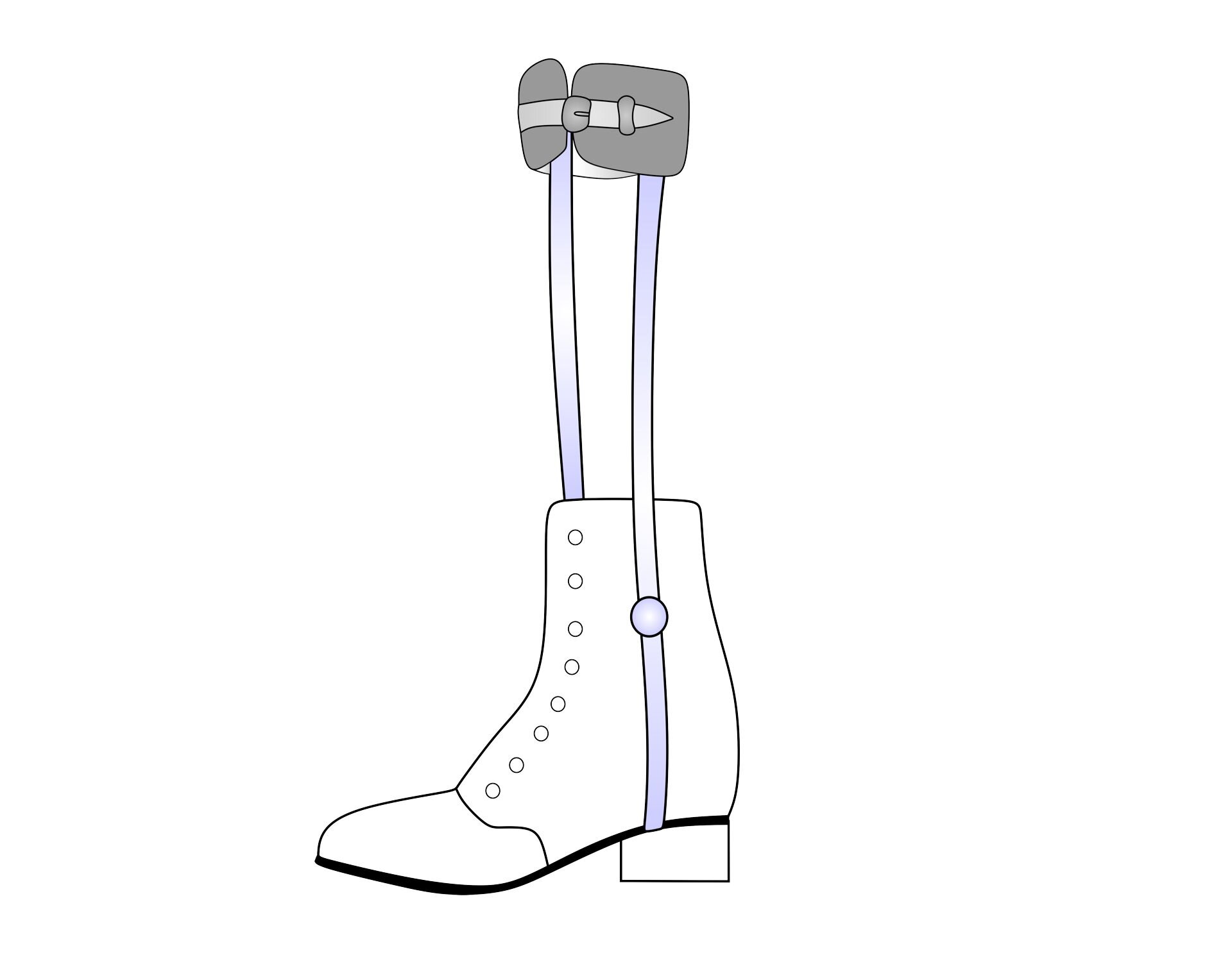 Grafika przedstawia but z obcasem i długim sznurowaniem. Do buta zamocowane są na wysokości stawu skokowego użytkownika dwie pionowe szyny zakończone opaską. 