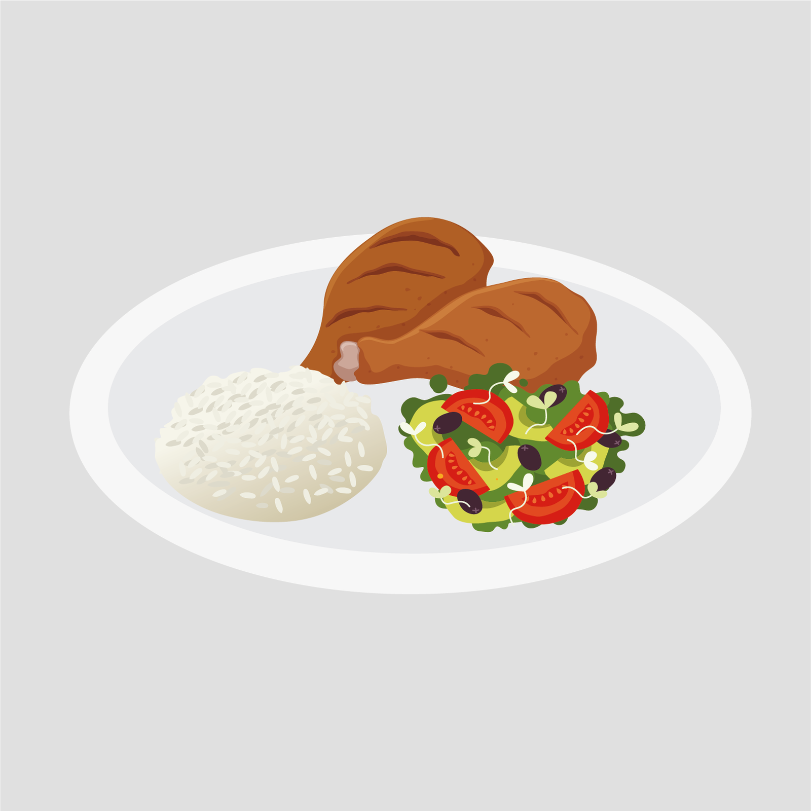 Ilustracja przedstawia biały talerz, na którym leżą dwa kawałki mięsa, ryż i surówka z sałatą, pomidorami, oliwkami i kiełkami. 