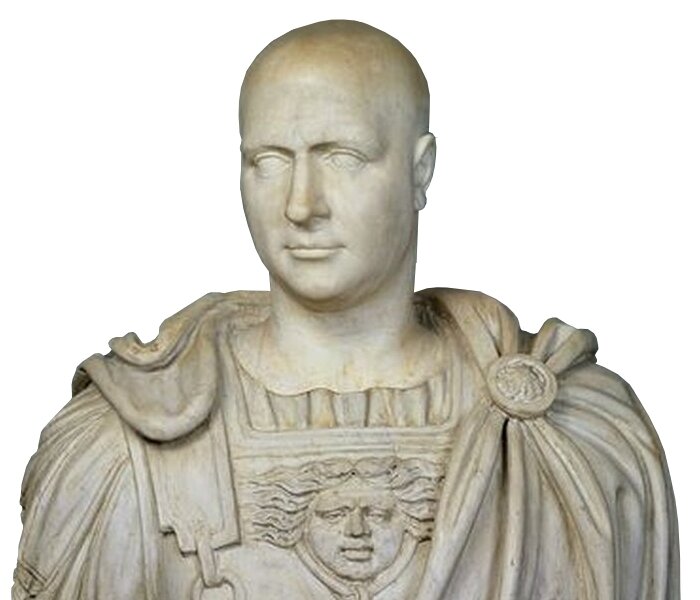 Ilustracja przedstawia wyrzeźbione popiersie mężczyzny. Mężczyzna nie posiada włosów, ma głowę zwróconą lekko w lewą stronę, oczy bez źrenic i tęczówek, wydatny nos i kształtne, wąskie usta. Na klatce piersiowej posiada napierśnik z twarzą mężczyzny z kręconymi włosami. Jego ramiona i plecy okrywa udrapowany płaszcz. 