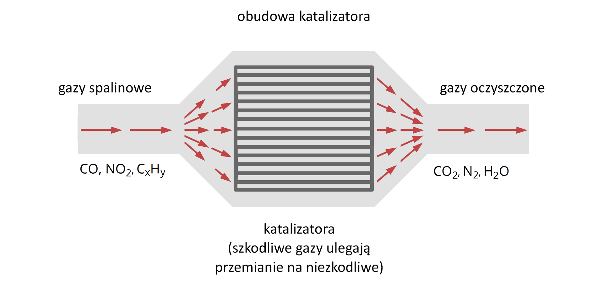 Ilustracja przedstawia schemat działania katalizatora. Środkową część stanowi obudowa katalizatora. W stronę obudowy po lewej stronie są strzałki z gazami spalinowymi - CO,                N       O                 2         ,                C                          x                              H                          y                . Z drugiej stronie wylatują gazy oczyszczone -                C       O                 2         ,         N            2         ,                H                 2                O    .  