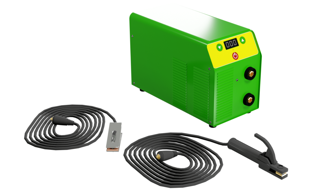 Ilustracja ukazuje agregat spawalniczy. Jest ro zielona, prostopadłościenna skrzynka z odciętą jedną krawędzią, na której znajduje się wyświetlacz i przyciski. Poniżej na ściance znajdują się pokrętła. Obok urządzenia leżą dwa przewody z zaciskami, które można podłączyć do agregatu.