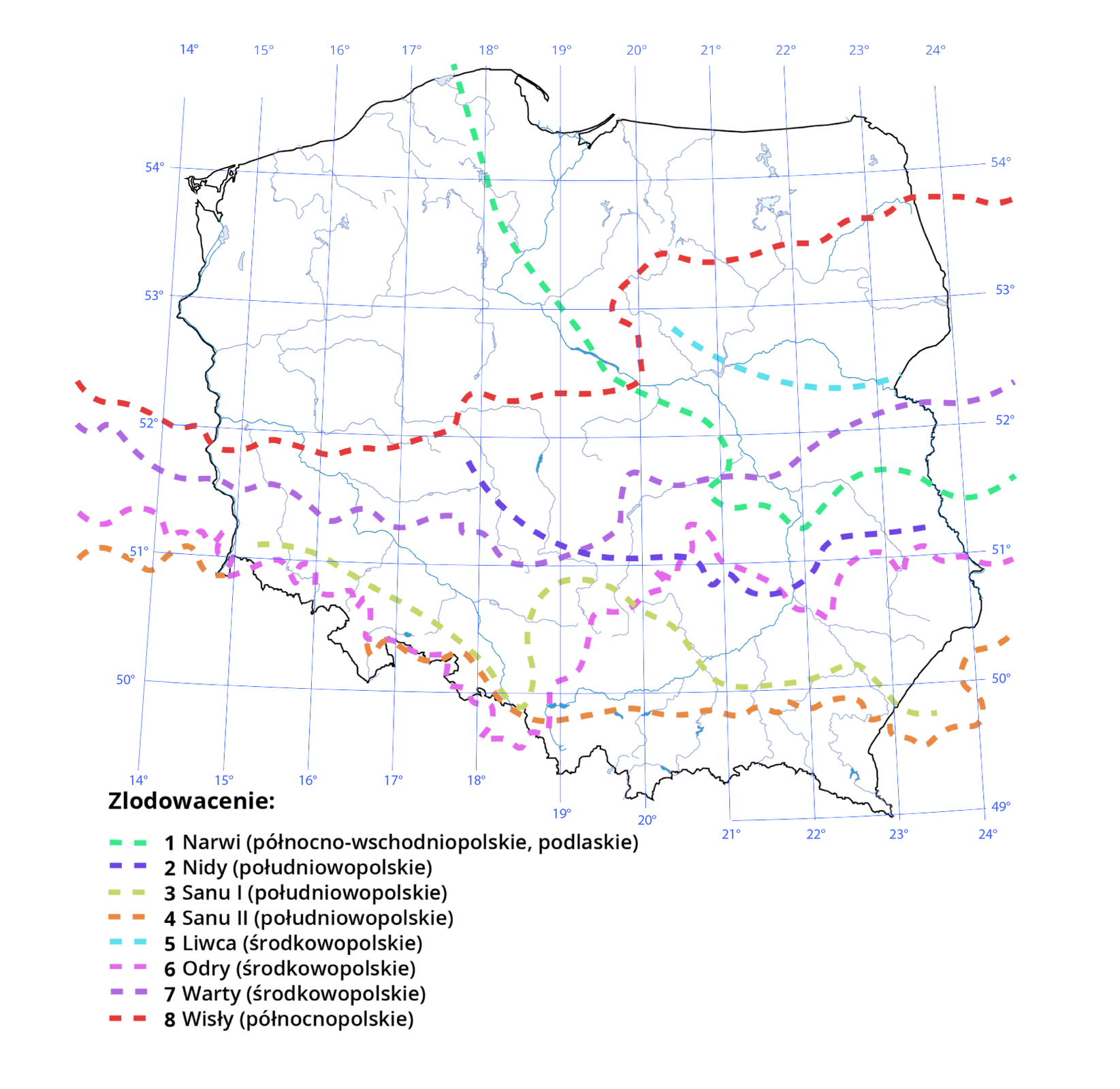 Na mapie Polski zaznaczono granice zlodowaceń. Zlodowacenie Wisły (północnopolskie): jego maksymalne rozprzestrzenienie pokrywa się z południową granicą występowania strefy jezior polodowcowych: Pojezierze Wielkopolskie, Kujawy, Pojezierze Pomorskie i Pojezierze Mazurskie. Zlodowacenie Odry i Warty (środkowopolskie): W momencie największego zasięgu lądolód dotarł do Sudetów i północnej krawędzi Wyżyny Małopolskiej i Lubelskiej oraz przykrył znaczną część Wyżyny Śląskiej i Niecki Nidziańskiej. Zlodowacenie Liwca (środkowopolskie): w dorzeczu rzeki Liwiec czoło lądolodu sięgało równoleżnika, na którym leży dziś Warszawa. Zlodowacenie Sanu I (południowopolskie): lądolód skandynawski objął praktycznie całe terytorium Polski, z wyjątkiem Sudetów i Karpat. Zlodowacenie Sanu II (południowopolskie): w czasie tego zlodowacenia lądolód skandynawski, po okrążeniu Gór Świętokrzyskich i pokryciu Wyżyny Lubelskiej, wkroczył do Kotliny Sandomierskiej i ponownie dotarł do północno‑wschodnich zboczy Sudetów. Zlodowacenie Nidy (południowopolskie): objęło swym zasięgiem nie tylko środkową Polskę, ale posuwając się wzdłuż zboczy Sudetów, dotarło aż do Bramy Morawskiej, oddzielając je od Karpat. Lądolód oparł się o północne partie Gór Świętokrzyskich, Wzniesienia Łódzkie i Wyżynę Lubelską. Zlodowacenie Narwi (północno‑wschodniopolskie, podlaskie): objęło swym zasięgiem tereny Niziny Szczecińskiej i Pobrzeża Szczecińskiego oraz północno‑wschodnią część kraju po północne krańce Wyżyny Lubelskiej, rejon ujścia Pilicy do Wisły, a granicę na zachodzie stanowiła w przybliżeniu dolina dolnej Wisły.