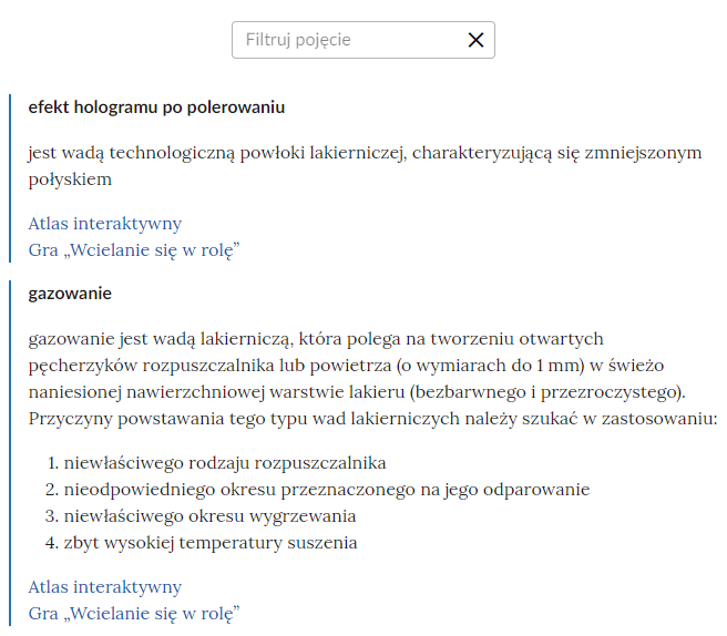 Widok na górną część słownika z polem do filtrowania haseł słownika