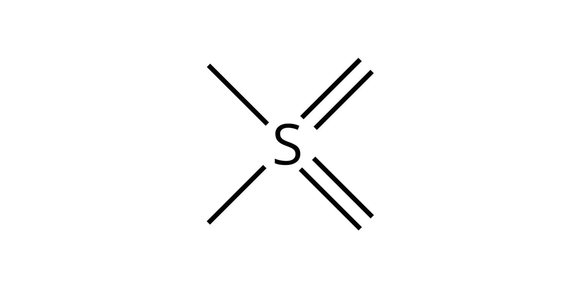Ilustracja przedstawiająca atom siarki S, od którego poprowadzono dwa wiązania podwójne i dwa wiązania pojedyncze.