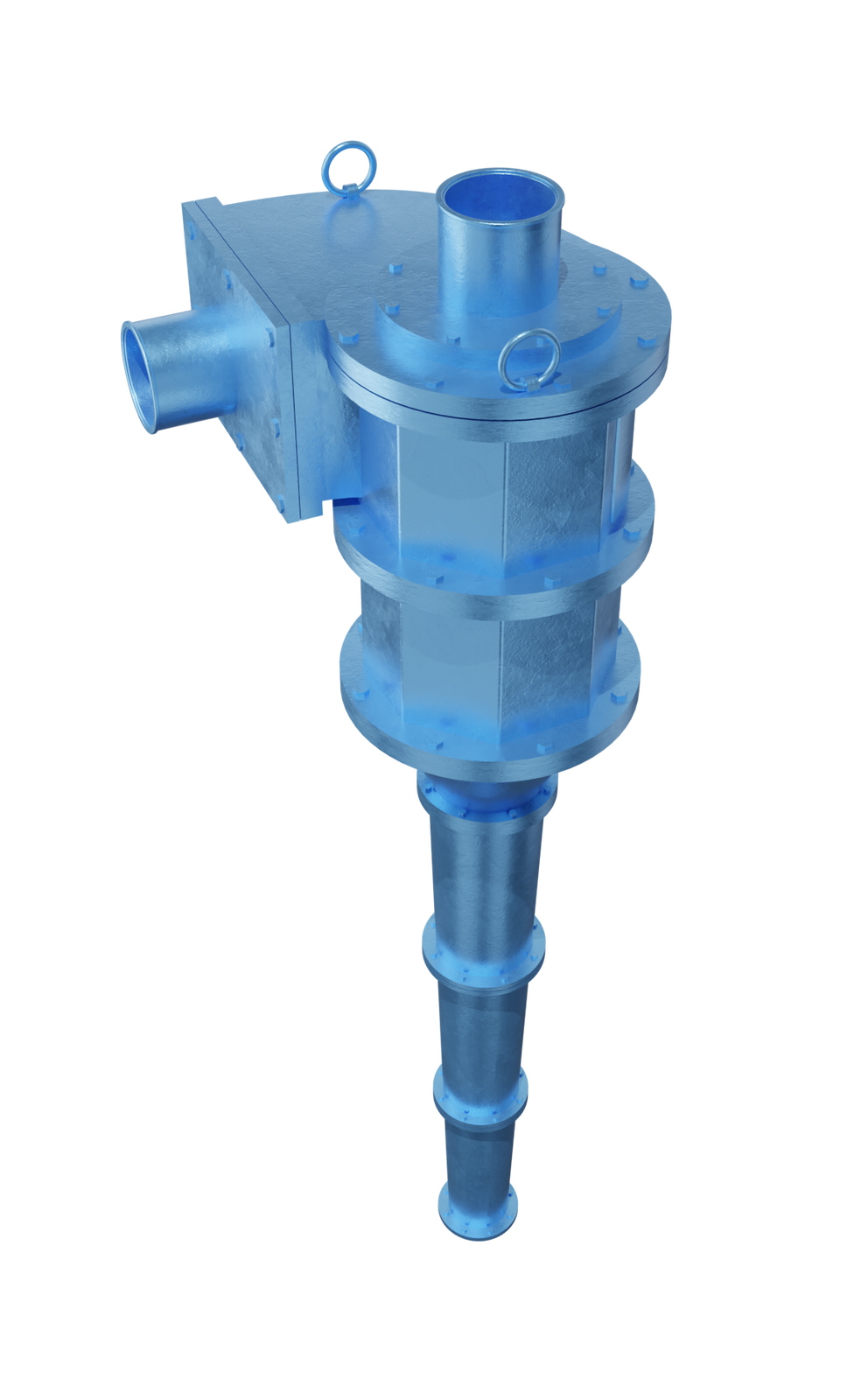 Ilustracja przedstawia model 3 D wzbogacalnika stożkowego, czyli hydrocyklonu. Ma on kształt odwróconego stożka. Jest zabudowany, a poszczególne części na różnych wysokościach spajają połączenia kołnierzowe. Z lewej strony hydrocyklonu zlokalizowany jest otwór wlotowy. Wyodrębnianie ma miejsce przy użyciu cieczy ciężkiej wprowadzanej wraz z nadawą dyszą doprowadzającą do koryta roboczego w kształcie odwróconego stożka. Przelew znajduje się w górnej części i stanowi otwór wylewowy dla produktu lekkiego. Natomiast u dołu stożka znajduje się dysza wylewowa. Za jej pośrednictwem wyprowadzane są poza wzbogacalnik produkty ciężkie. Poniżej grafiki znajduje się przycisk multimedialny z nagraniem audio. Treść nagrania jest zgodna z tytułem grafiki.