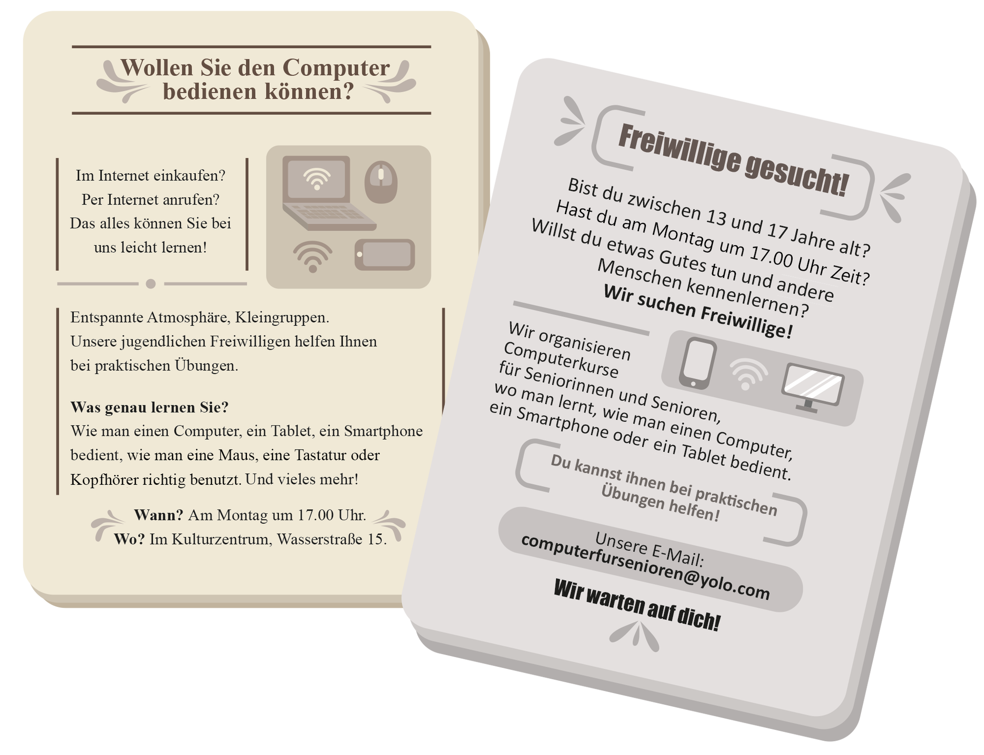 Ilustracja przedstawia dwie reklamy zajęć z obsługi nowych technologii. Na obu ulotkach umieszczono grafiki przedstawiające komputery i telefony komórkowe. Transkrypcja reklamy dostępna jest poniżej.