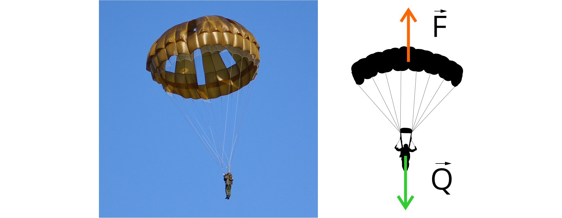 Rysunek przedstawia po lewej zdjęcie skoczka ze spadochronem na tle nieba. Po prawej schemat skoczka ze spadochronem. Na spadochronie narysowana strzałka pionowa skierowana do góry opisana F. Na spadochroniarzu narysowana strzałka pionowa skierowana do dołu opisana Q. Nad F i Q strzałka pozioma skierowana w prawo.