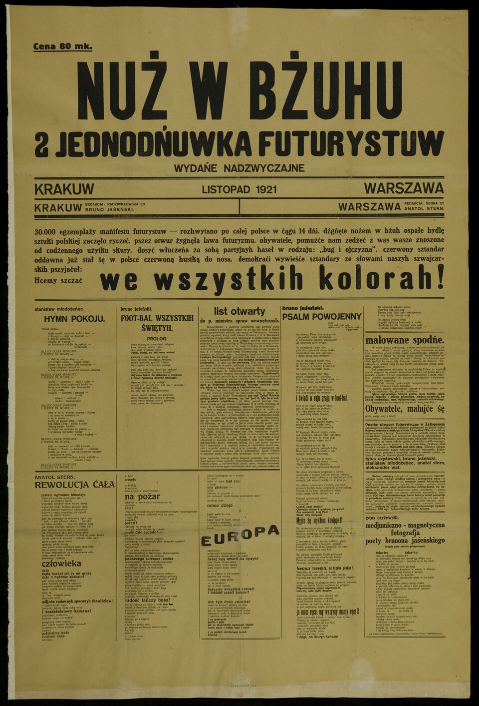 Zdjęcie przedstawia stronę tytułową czasopisma Nuż w bżuhu z listopada tysiąc dziewięćset dwudziestego pierwszego roku. Na stronie znajdują się liczne teksty poetyckie różnych autorów.