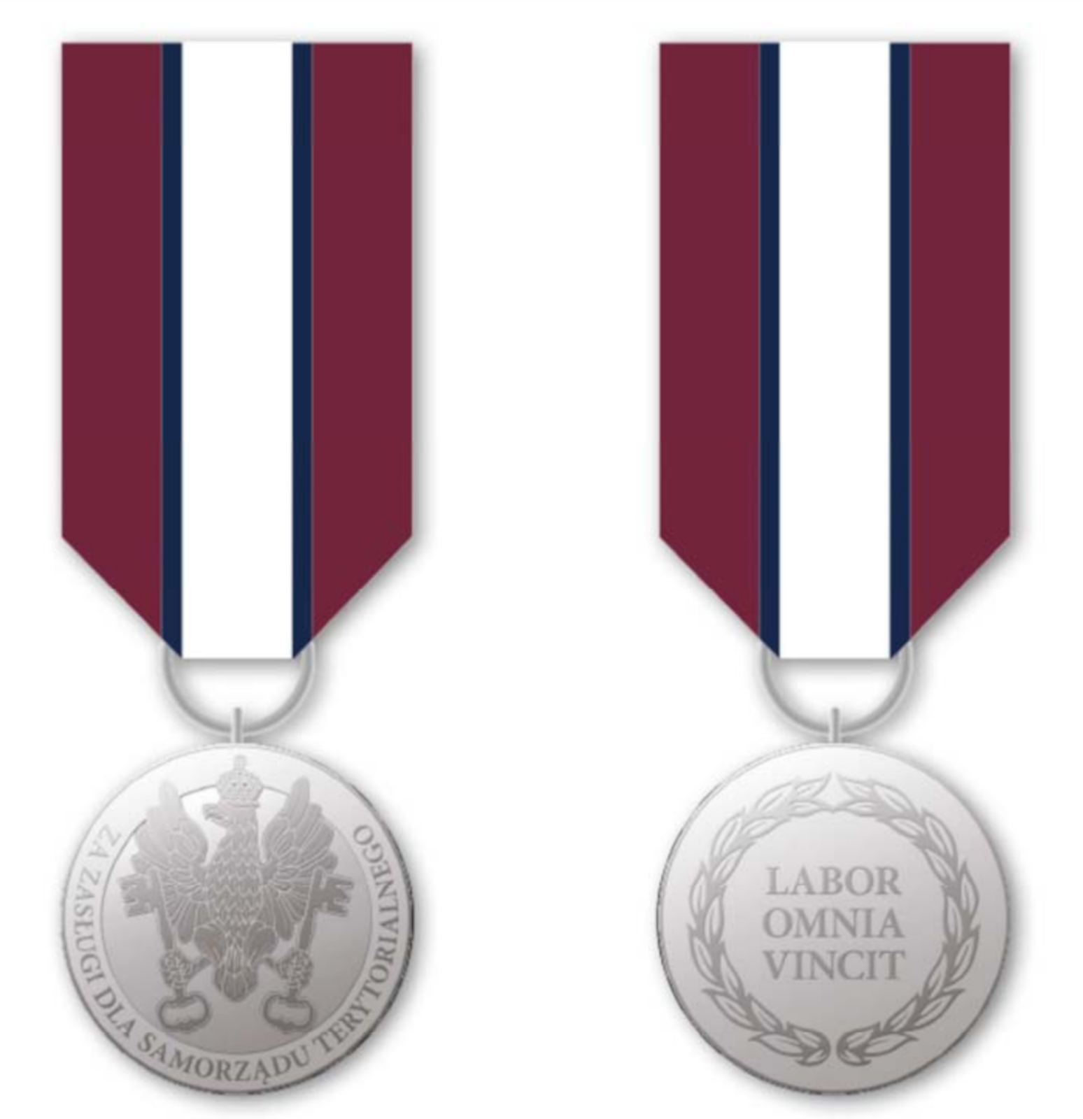 Ilustracja przedstawia odznaczenie - po prawej stronie awers, po lewej stronie rewers. Awers - na pionowym pasku materiału zawieszona jest okrągła odznaka. Na nim jest wizerunek orła trzymającego w szponach po jednym kluczu. Wokół orła widnieje napis: za zasługi dla samorządu terytorialnego. Pasek ma paski w trzech kolorach: bordowym, granatowym, białym. Paski są ułożone pionowo w kolejności: bordowy, granatowy, biały, granatowy, bordowy. Paski granatowe są cienkie zaś pozostałe są szersze (zawierają identyczną szerokość). Rewers - na pionowym pasku materiału zawieszona jest okrągła odznaka. Na jej powierzchni umieszczony jest trójwierszowy napis „LABOR OMNIA VINCIT” okolony wieńcem z dwóch stylizowanych, niezwiązanych gałązek wawrzynu.