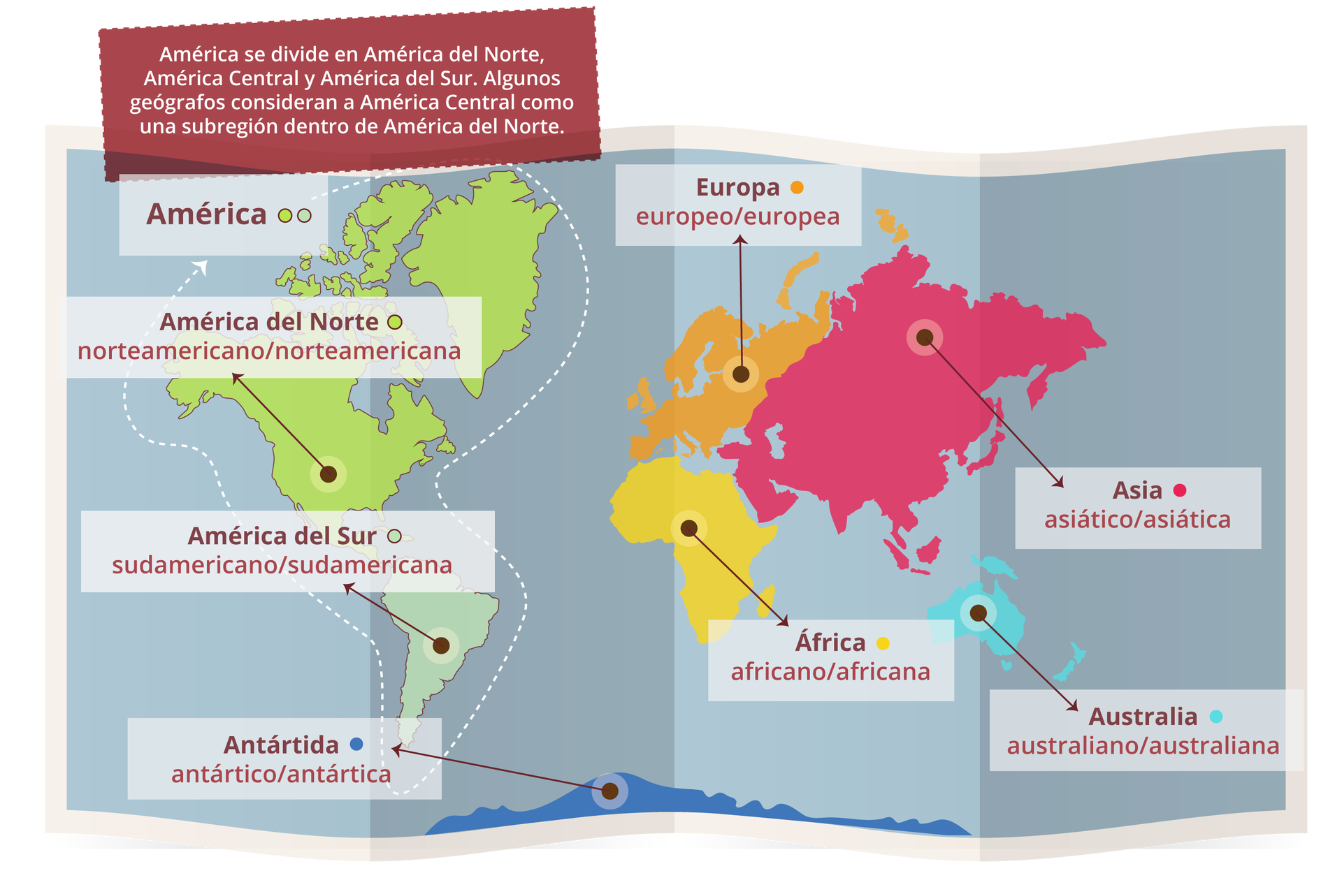 Grafika przedstawia mapę świata z wyszczególnionymi kontynentami, przy nazwach kontynentów znajdują się nazwy określające pochodzenie ich mieszkańców. Od lewej widoczna América podzielona na  América del Norte, norteamericano/norteamericana i  América del Sur, sudamericano/sudamericana. Obok kontynentu widoczna jest notatka:  América se divide en América del Norte, América Central y América del Sur. Algunos Geógrafosconsideran a América  Central como una subregion dentro de América  del Norte.. Na dole mapy widoczna jest Antártida, antártico/antártica. W części centralnej mapy znajduje się Europa, europeo/europea a obok Asia, asiático/asiática. Na południe od Europy i Azji jest África, africano/africana a na południe od Azji Australia, australiano/australiana.