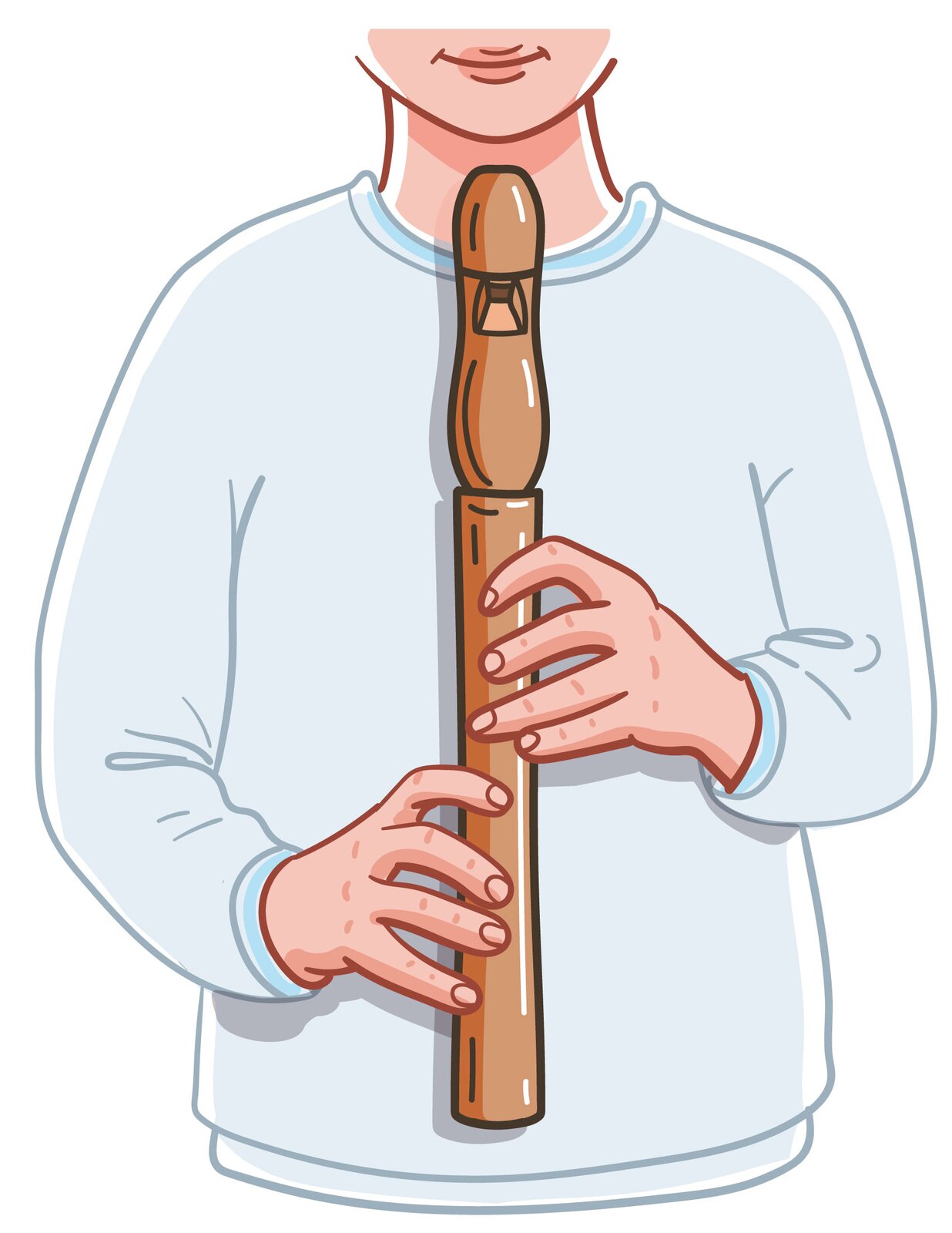 Na obrazie namalowana jest osoba w białej bluzie, która trzyma flet oburącz. Obie ręce znajdują się w obszarze otworów fletu. Lewa ręka jest położona w górnej części, prawa zaś w dolnej części fletu.