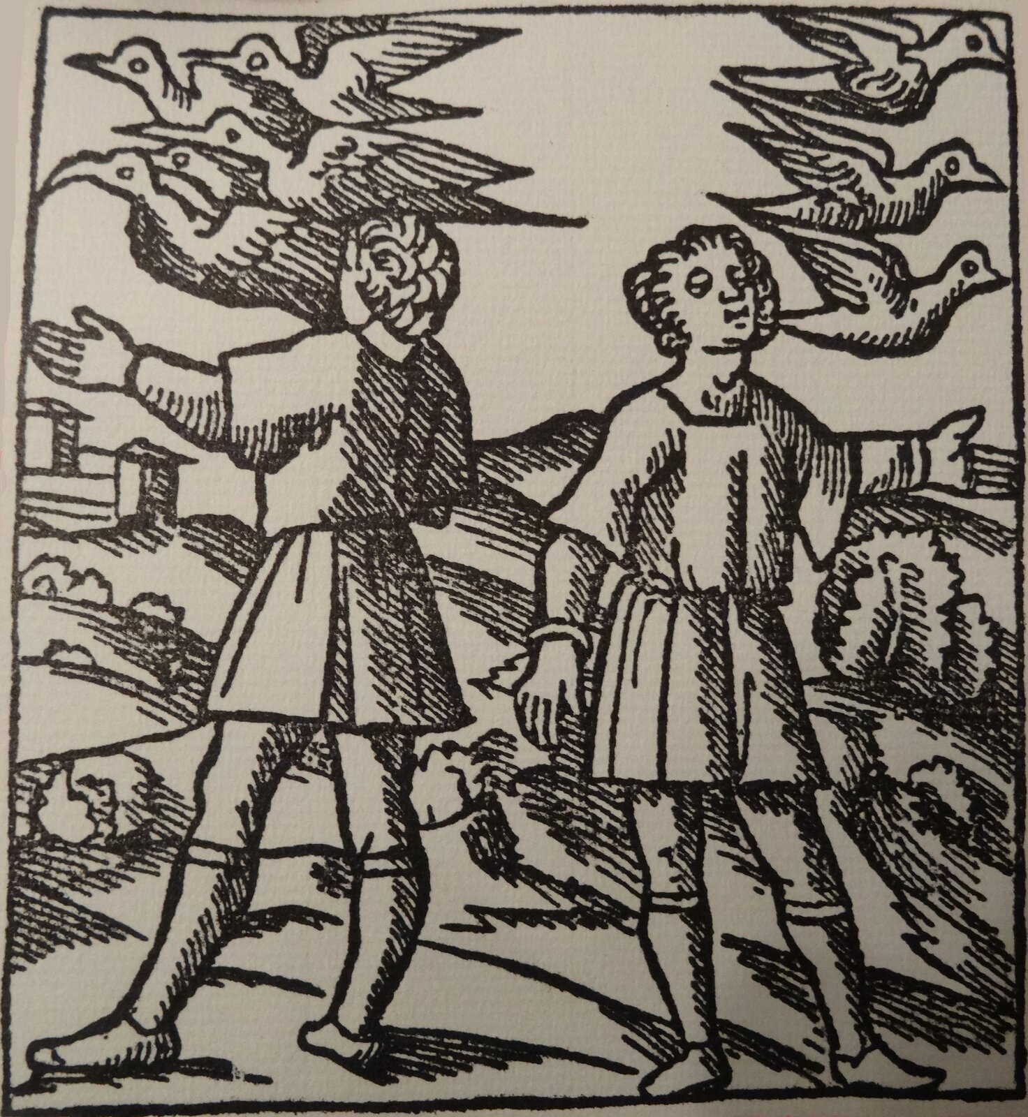 Ilustracja pod tytułem „Romulus i Remus wypatrujący wieszczych znaków” wykonana została czarną kreską. Na rysunku przedstawiono Romulusa i Remusa stojących w tle pagórkowatego krajobrazu. Mężczyźni rozglądają się w obie strony. Nad nimi przelatuje stado ptaków.