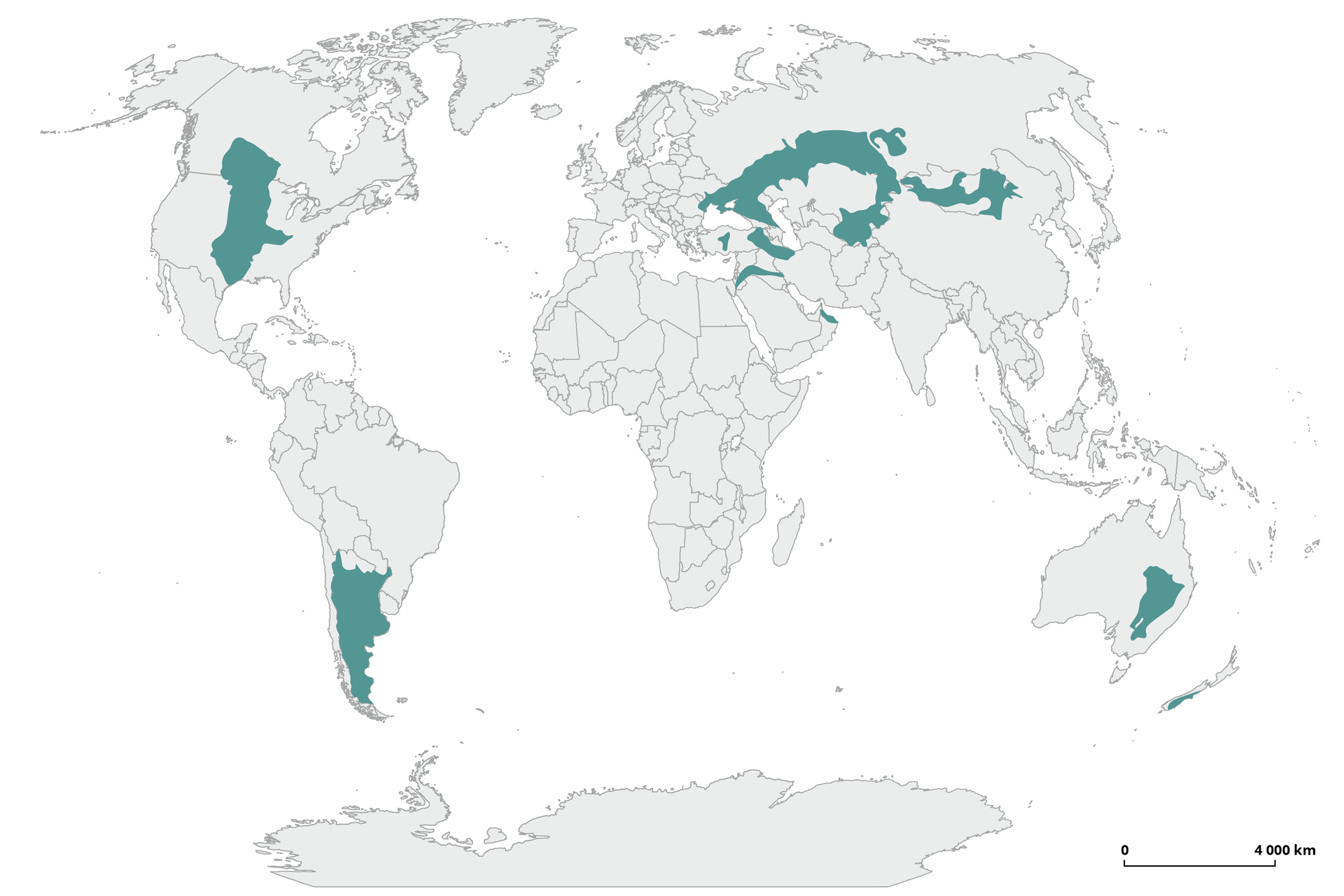 Na mapie świata zaznaczono stepy - w środkowym pasie Stanów Zjednoczonych, przez całą ich wysokość, na dużej części Azji Środkowej, na dużej części Iranu. Od południa globu stepy zaznaczono na terenie Argentyny i w południowo‑wschodniej części Australii, bez wybrzeża.