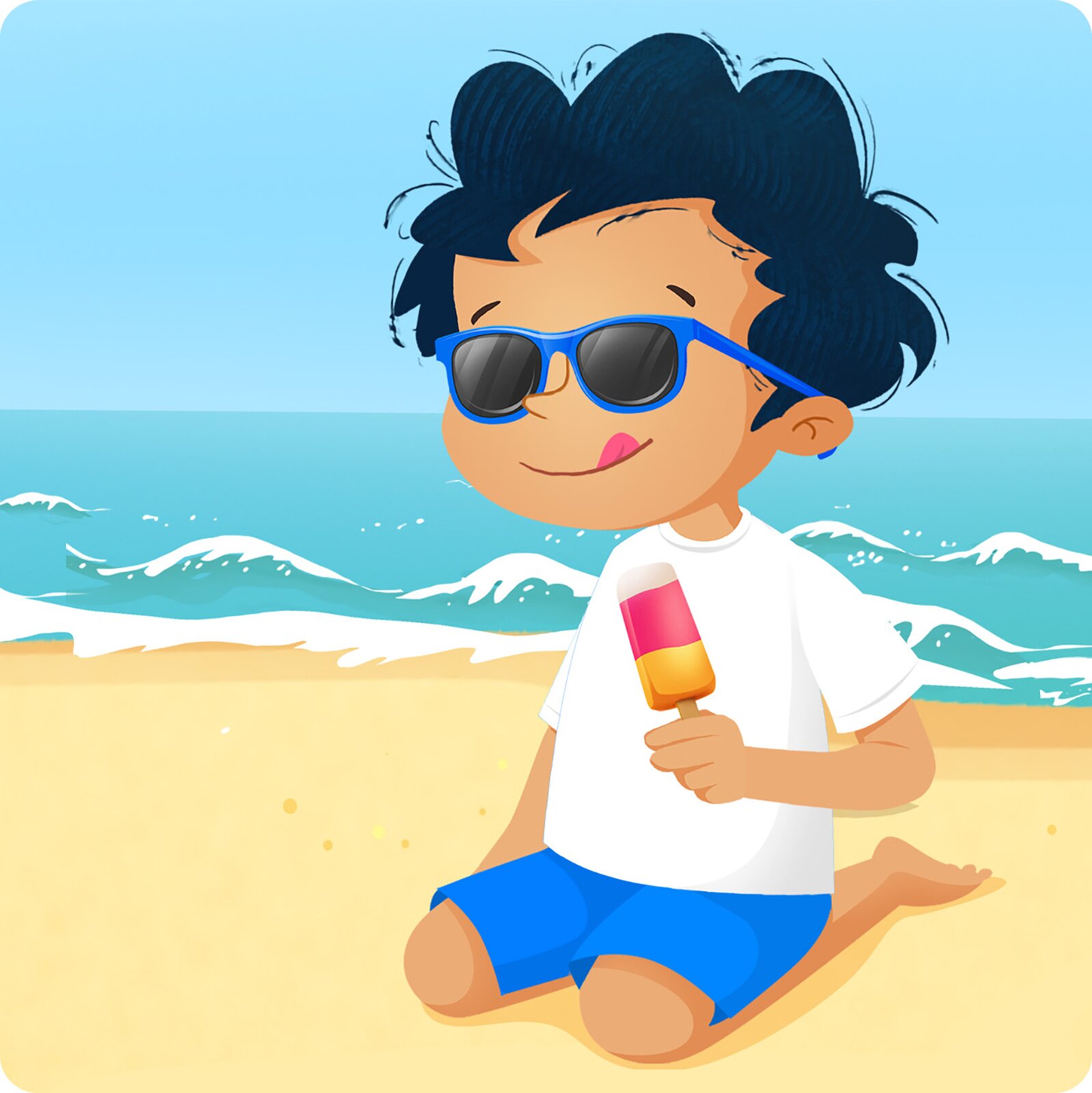 Ilustracja przedstawia Bena na plaży. Je lody.