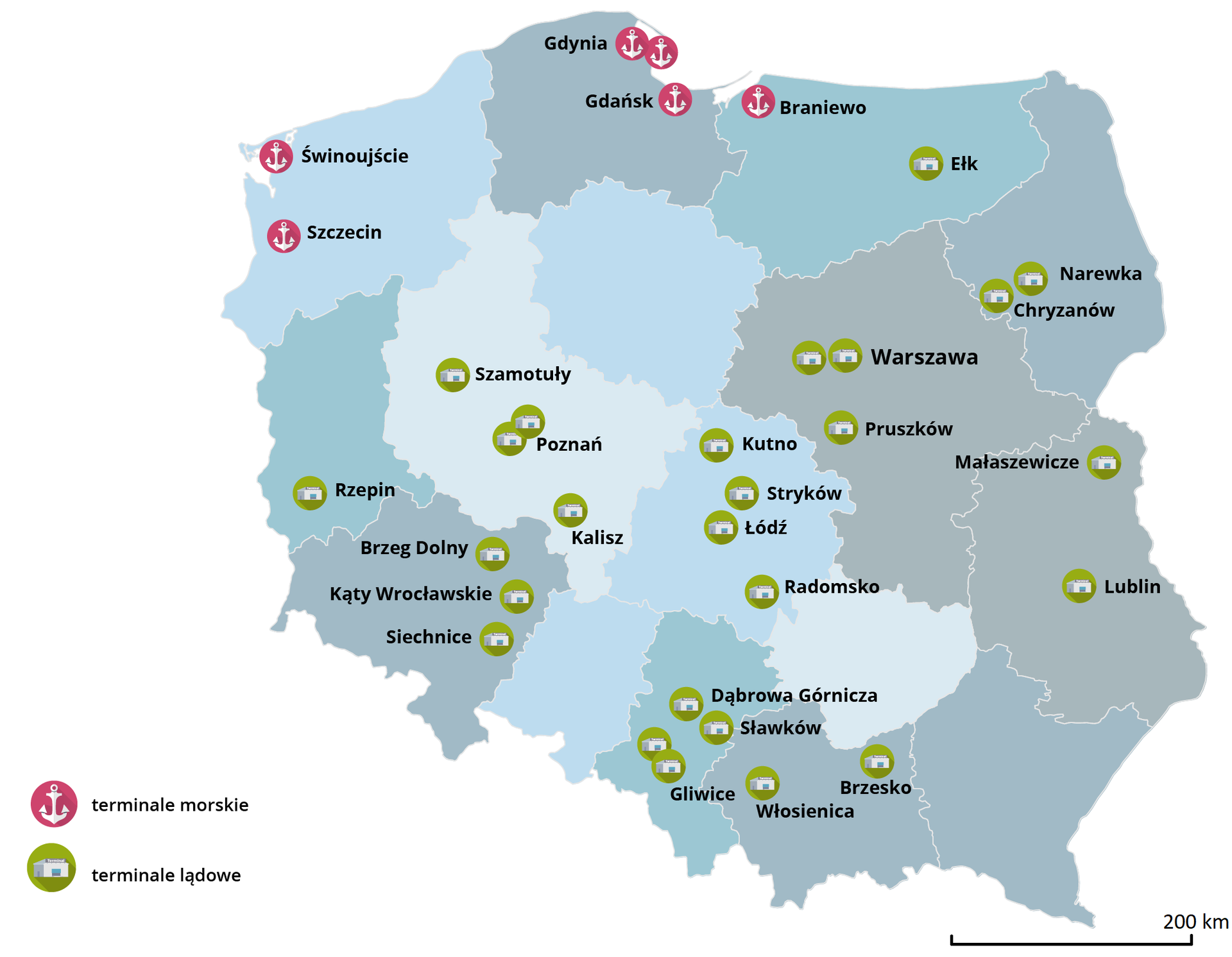 Mapa Polski przedstawia terminalne intermodalne. Terminale morskie znajdują się w Szczecinie, Świnoujściu, Gdyni, Gdańsku oraz Braniewie. Terminale lądowe znajdują się w Rzepinie, Brzegu Dolnym, Kątach Wrocławskich, Siechnicach, Kaliszu, Poznaniu, Szamotułach, Kutnie, Strykowie, Łodzi, Radomsku, Dąbrowie Górniczej, Sławkowie, Gliwicach, Włosienicy, Brzesku, Lublinie, Małaszewicach, Pruszkowie, Warszawie, Chryzanowie, Narewce oraz Ełku.