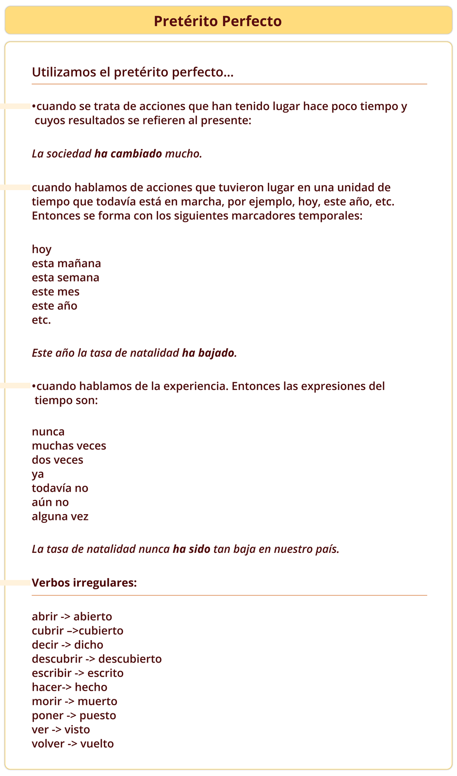 Grafika zatytułowana jest  Pretérito Perfecto . Podzielona jest na dwie części. W pierwszej części zatytułowanej Utilizamos el pretérito perfecto…  przedstawiono użycie czasu  Pretérito Perfecto  z przykładami. Kolejno: Cuando se trata de acciones que han tenido lugar hace poco tiempo y cuyos resultados se refieren al presente: La sociedad ha cambiado mucho.  Cuando hablamos de acciones que tuvieron lugar en una unidad de tiempo que todavía está en marcha, por ejemplo, hoy, este año, etc. Entonces se forma con los siguientes marcadores temporales: hoy / esta mañana / esta semana / este mes / este año etc. Este año la tasa de natalidad ha bajado. Cuando hablamos de la experiencia. Entonces las expresiones del tiempo son: nunca, muchas veces, dos veces, ya, todavía no, aún no, alguna vez. La tasa de natalidad nunca ha sido tan baja en nuestro país. W drugiej części zatytułowanej Verbos irregulares: przedstawiono odmianę czasowników nieregularnych. Kolejno: abrir -> abierto; cubrir –>cubierto; decir -> dicho; descubrir -> descubierto; escribir -> escrito; hacer-> hecho; morir -> muerto; poner -> puesto; ver -> visto; volver -> vuelto.