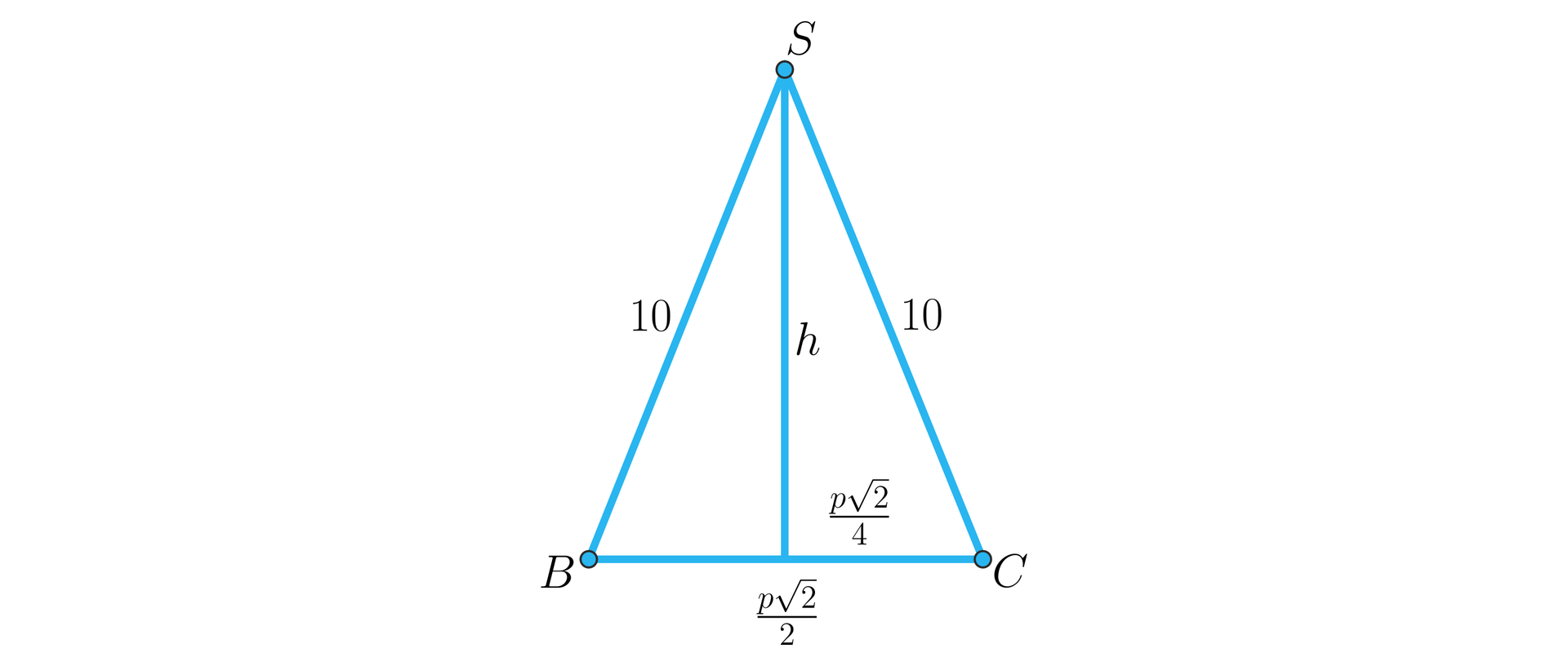 Rysunek przedstawia trójkąt BCS. Ramiona trójkąta CS oraz SB mają długość 10, a podstawa BC ma długość p22. Z wierzchołka S upuszczono na podstawę wysokość h, która podzieliła podstawę na dwa odcinki o długości p24 każdy.