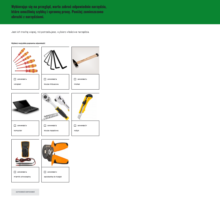 Widok gry. Widoczne jest polecenie oraz wybory odpowiedzi w formie ilustracji.