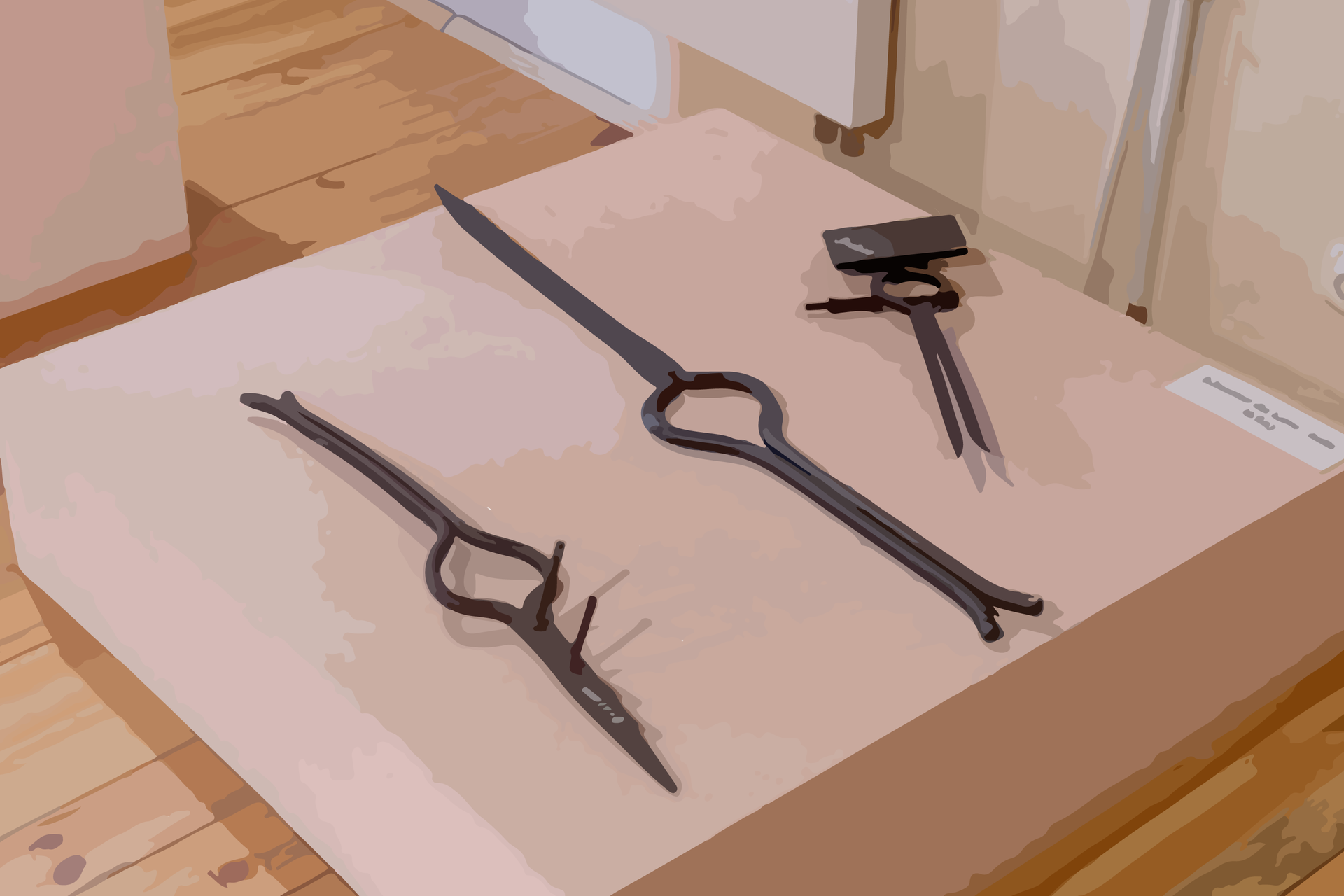 Zdjęcie przedstawia kleszcze do korowania o różnej wielkości. Klaszcze składają się z zaostrzonego szpikulca do mocowania, ramion i rozszerzonej części do korowania.
