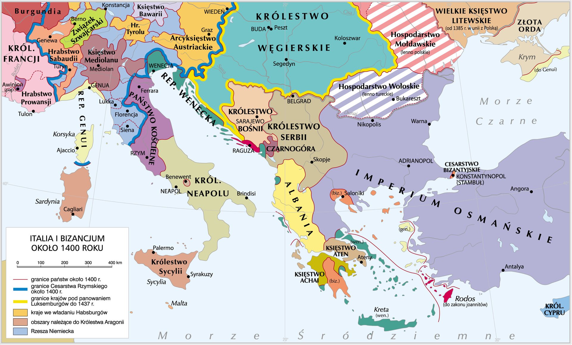 Mapa zawiera informacje o granicach państw w XIV wieku. Na mapie zaznaczone są: - granice Cesarstwa Rzymskiego około 1400 r.,   granice krajów pod panowaniem Luksemburgów do 1437 r.,
 kraje we władaniu Habsburgów, 
W skład granic Cesarstwa Rzymskiego około 1400 roku wchodziły państwa:
 Hrabstwo Sabaudii,  Związek Szwajcarski,  Księstwo Mediolanu,  Hrabstwo Tyrolu, - Arcyksięstwo Austriackie,  Księstwo Bawarii,
 Republika Genuii, cześć Burgundii,   Rzesza Niemiecka. 
Luksemburgowie władali Królestwem Węgierskim.
Habsburgowie władali:
 Hrabstwem Tyrolu,  Arcyksięstwem Austriackim.
Pozostałe państwa zaznaczone na mapie:
 Królestwo Francji,  Państwo Kościelne,  Królestwo Neapolu,  Królestwo Sycylii,  Republika Wenecka,
 Królestwo Bośni,  Królestwo Serbii,   Albania,
 Wielkie Księstwo Litewskie,  Imperium Osmańskie.
