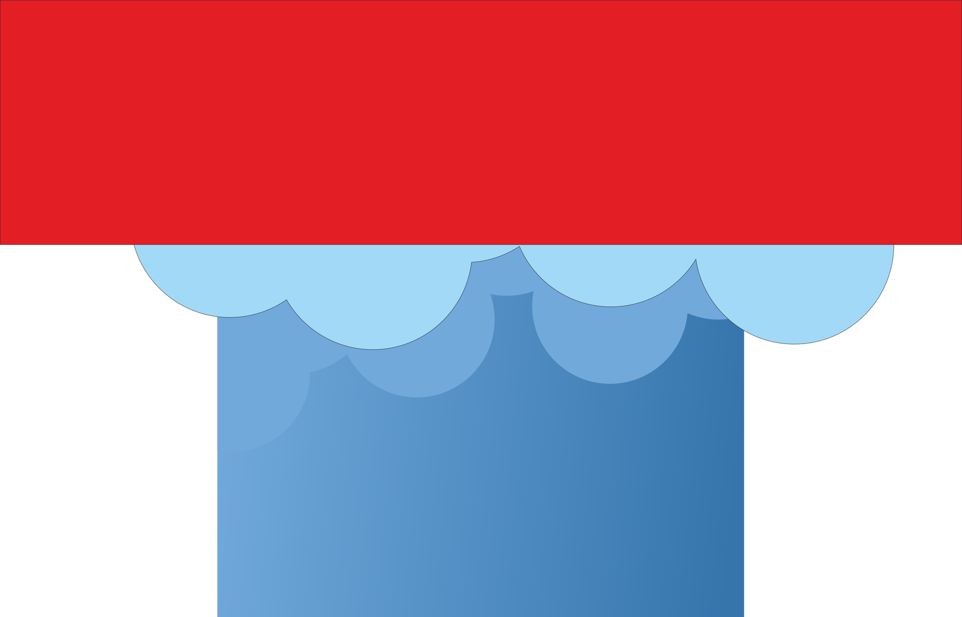 Obraz przedstawia gradient z koloru jasnoniebieskiego do lekko ciemniejszego niebieskiego odcieniu. Na górnej krawędzi rozmieszczono różne okręgi, które wielokrotnie się przecinają oraz wewnętrznie nie posiadają linii oznaczających granice kół. Wypełniono te okręgi lekkim i przeźroczystym białym kolorem. Nad poprzednimi "chmurami" umieszczono następne, utworzone z okręgów wypełnionych białym kolorem. Następną warstwą jest czerwony prostokąt, który umieszczono nad chmurami przy górnej krawędzi "tła".