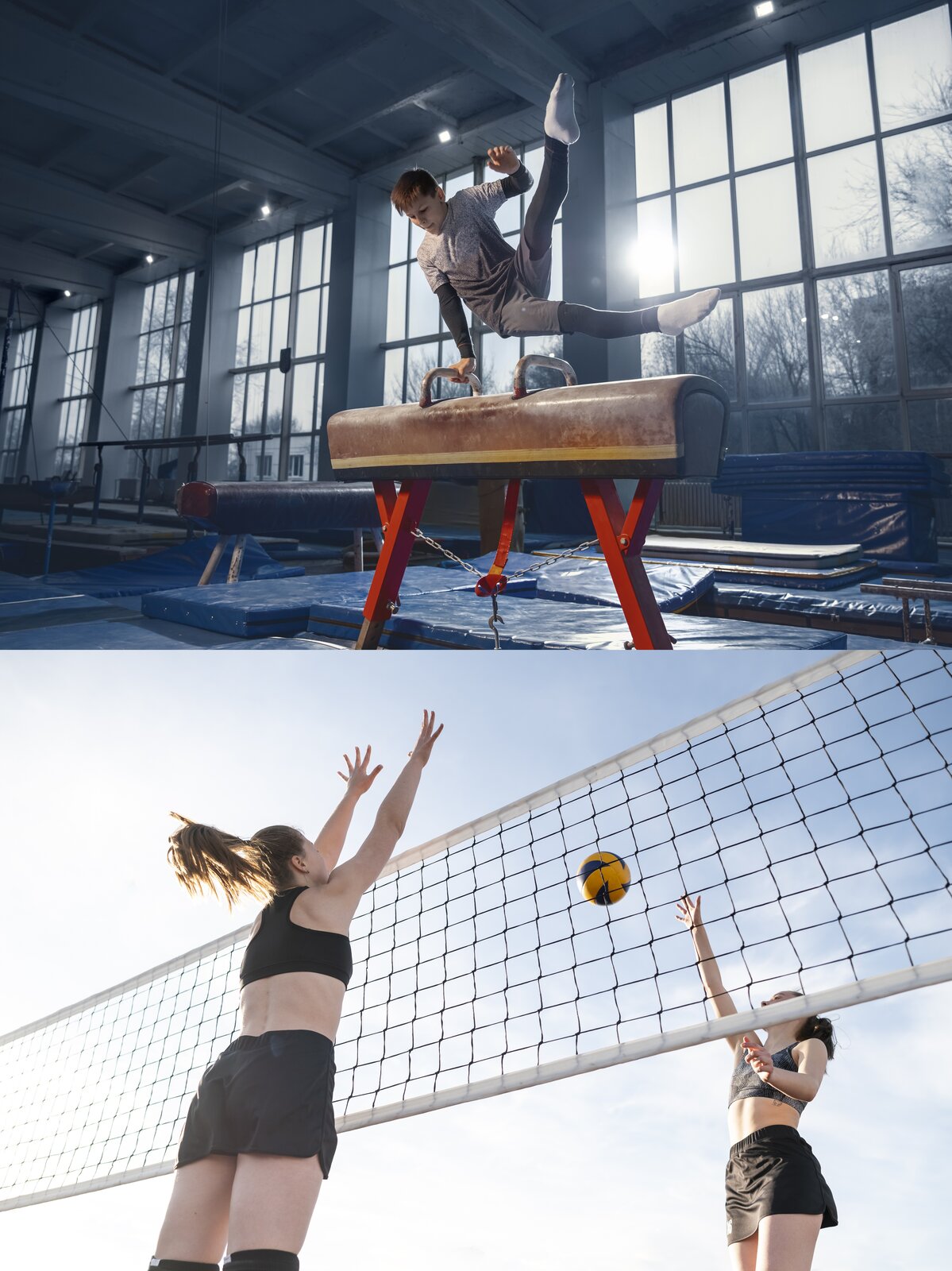 Zdjęcie przedstawia chłopca w wieku szkolnym ćwiczącego przeskoki przez kozła, oraz dwie dziewczyny grające w siatkówkę. 