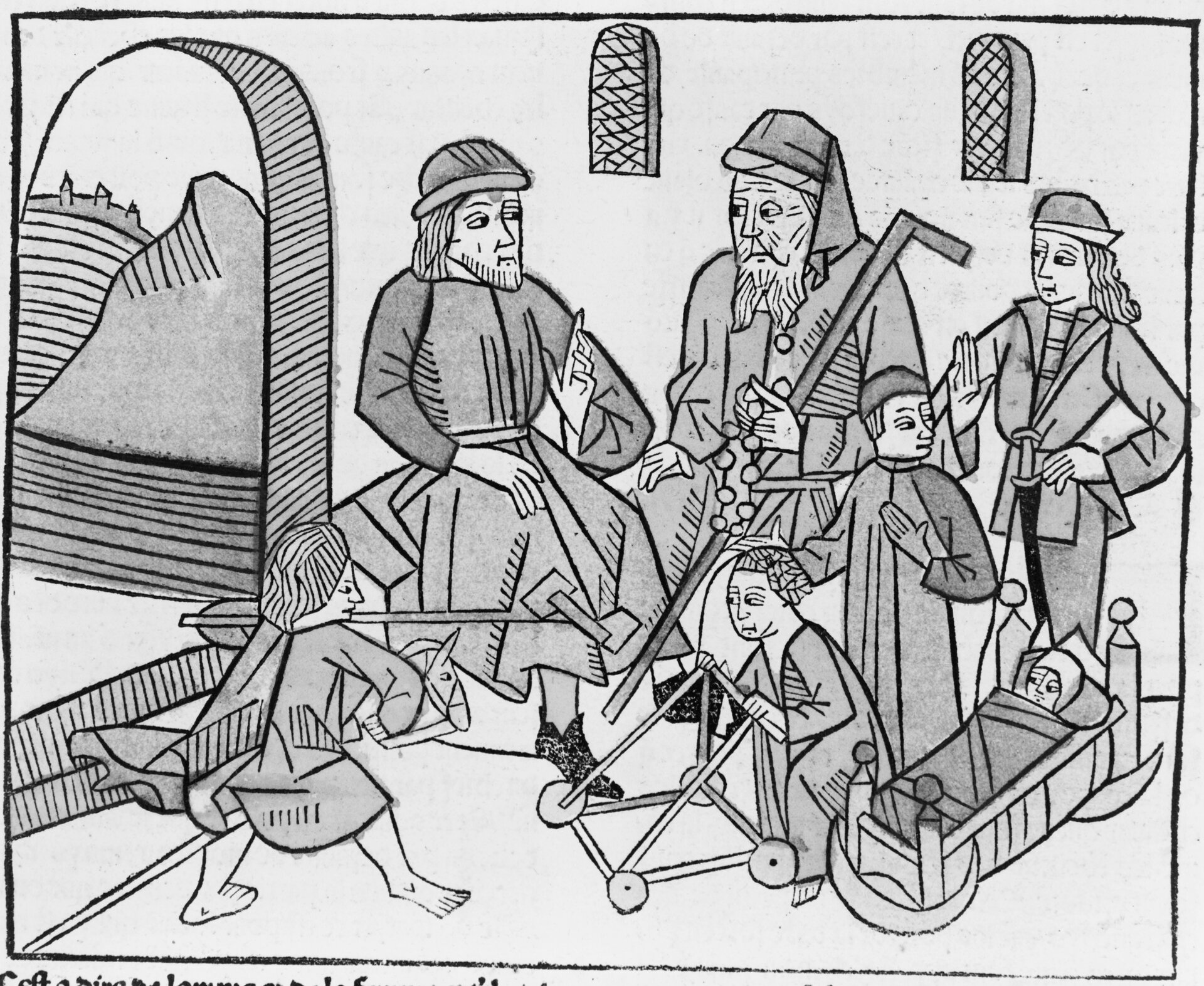 Na ilustracji etapy życia człowieka. Widoczny niemowlak w kołysce, starsze dziecko z chodzikiem, inne z konikiem, dwoje młodzieńców. Jeden z nich ma broń umocowana przy pasie. Do tego jeden dojrzały mężczyzna i jeden starzec z długą brodą i laską. Z lewej strony widoczne okno a za nim góry i w oddali zamek.