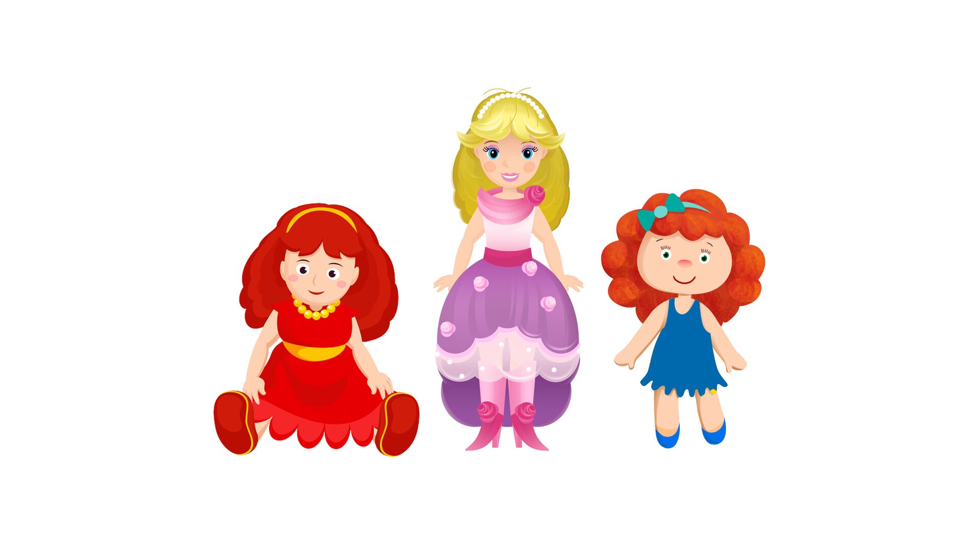 Ilustracja przedstawia trzy lalki. Dwie stoją, jedna siedzi.